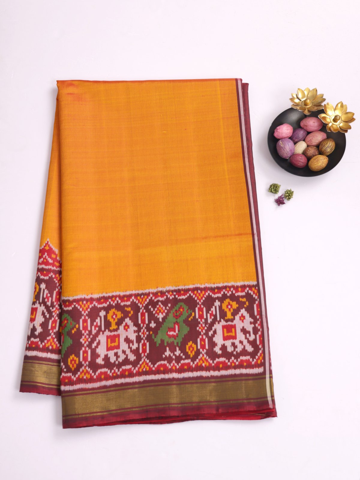 Orangish Yellow Patola Silk Saree With Araku Border