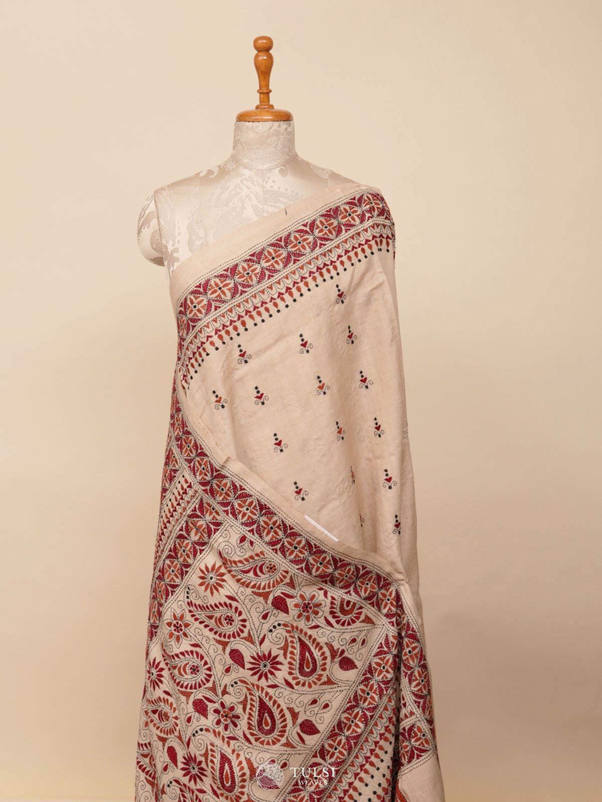 Beige Tussar Silk Saree With Kantha Embroidery
