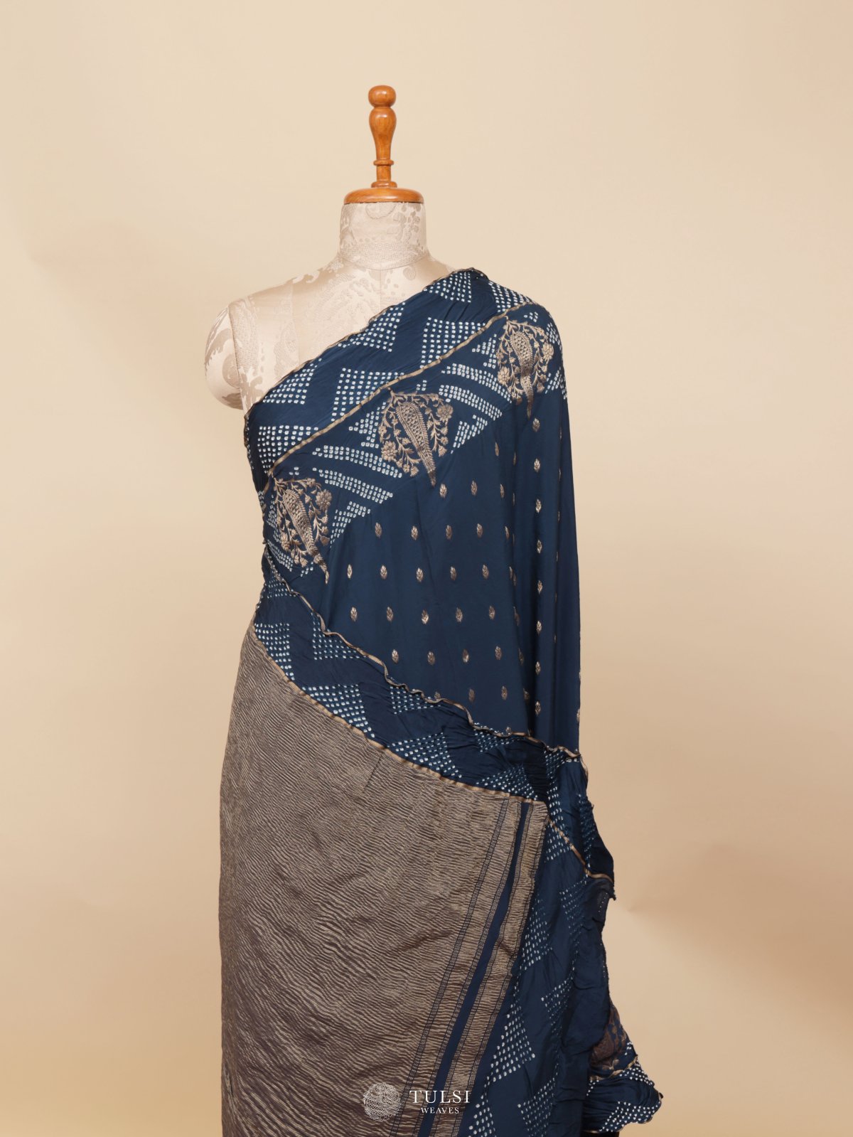 Blue Banaras Crepe Silk Saree With Bandhini Border