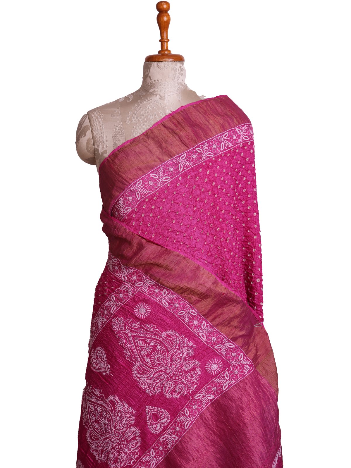 Rani Pink Bandhini Silk Saree With Chikankari Embroidery
