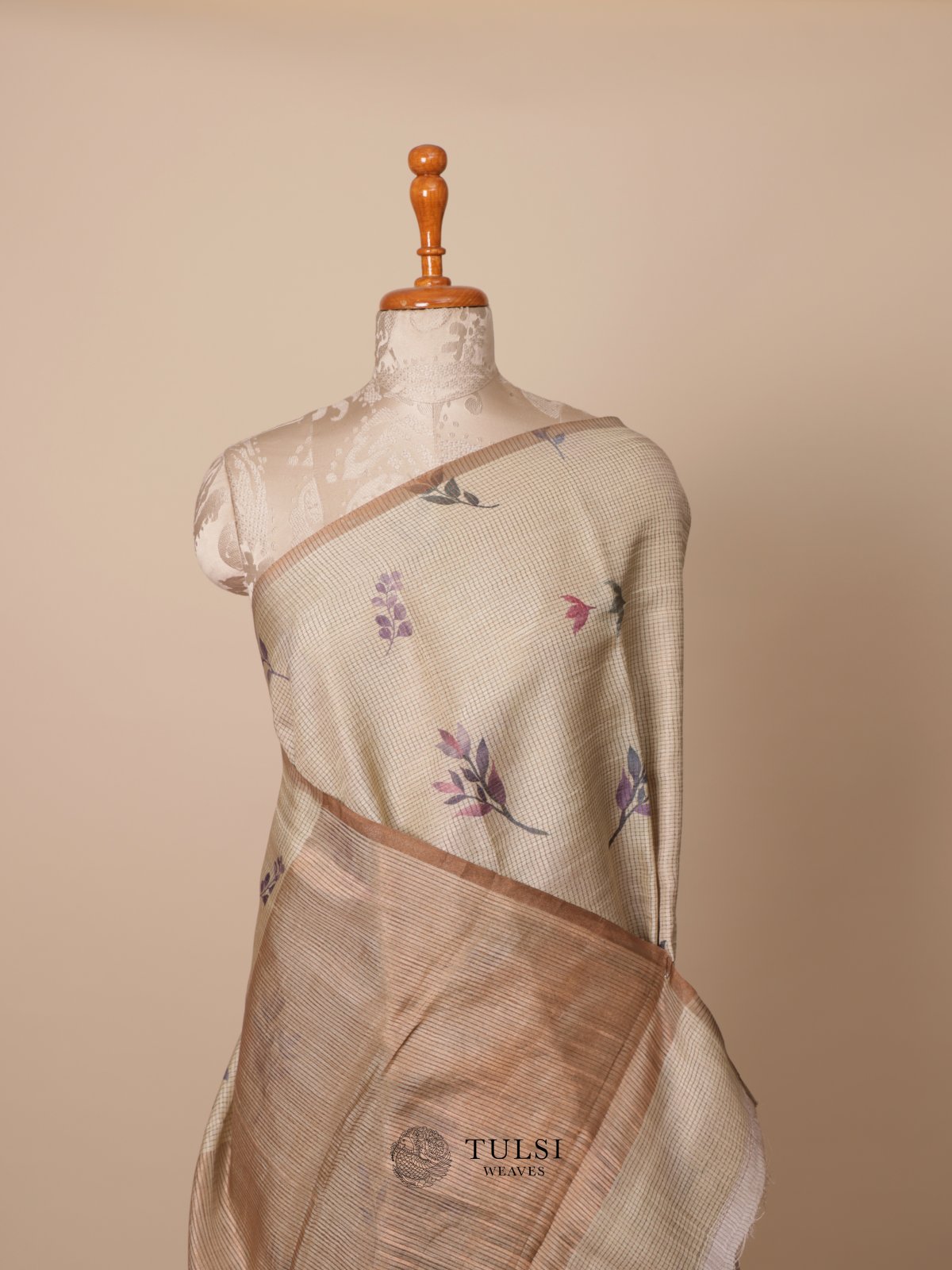 Light Yellow Printed Tussar Silk Saree