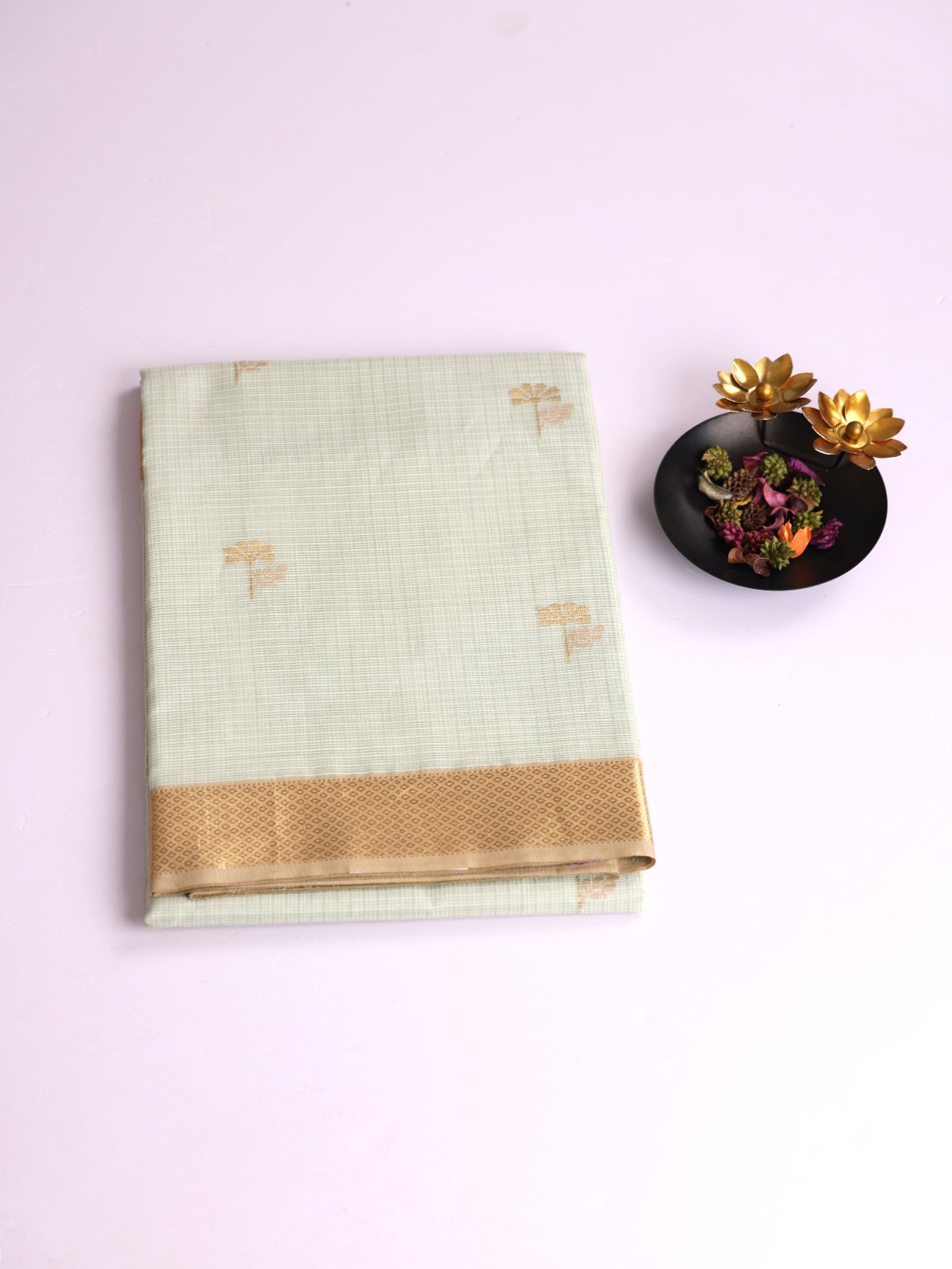 Light Green Kota Cotton Silk Saree With Zari Border