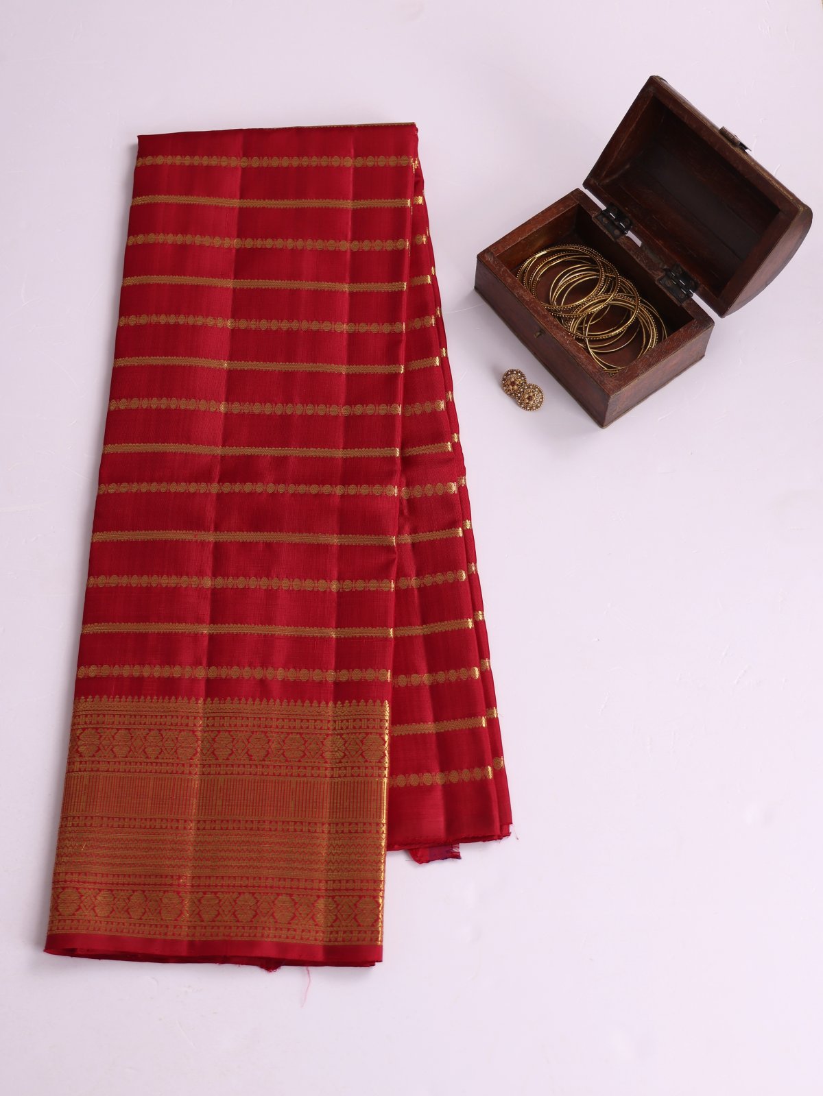 Crimson Red Zari Striped Kanjeevaram Silk Pavadai with Zari Border