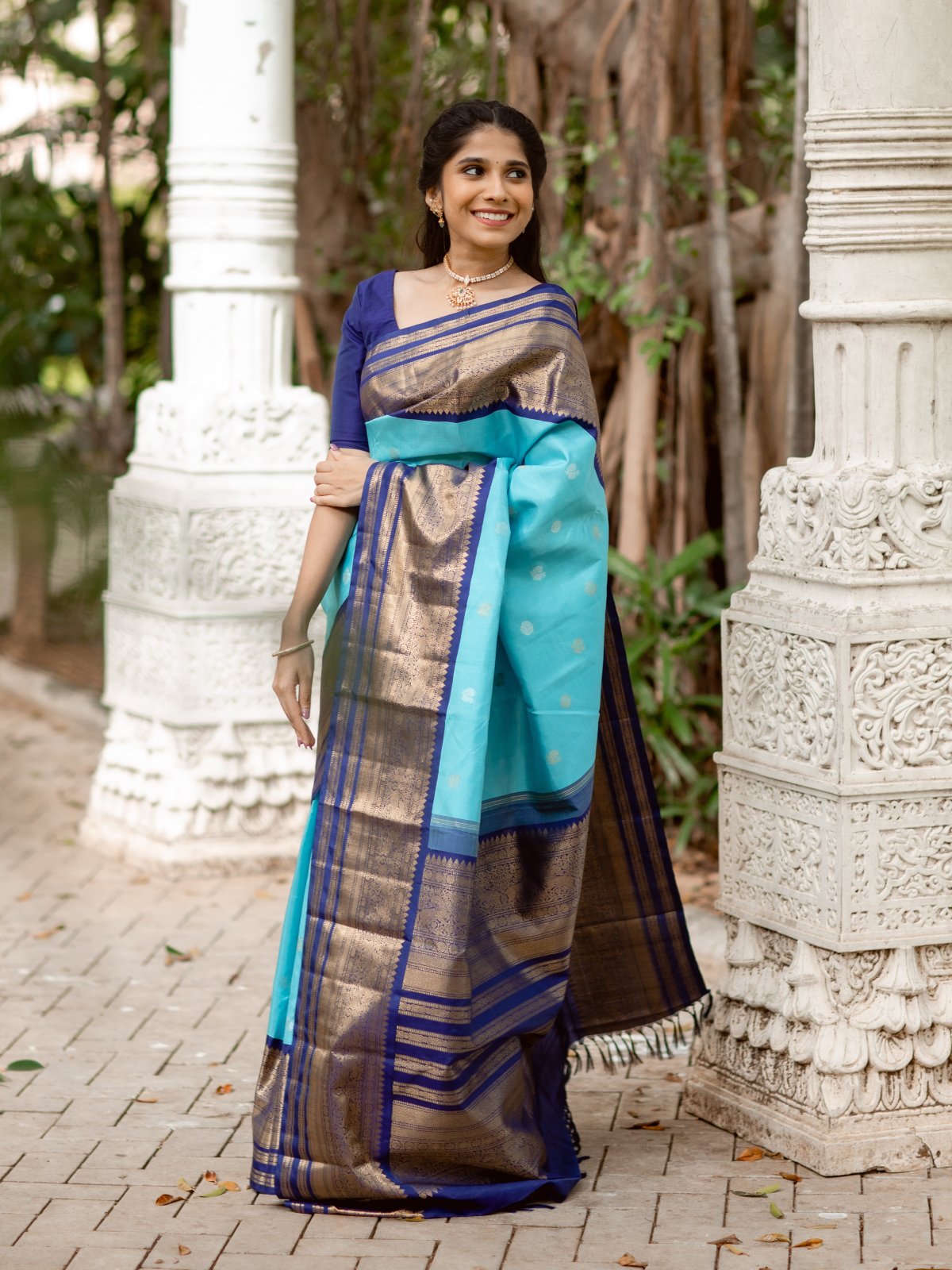 Light Weight Sky Blue Beautiful Kanchipuram Silk Brocade Contrast Zari  Silver Pallu and border Saree For