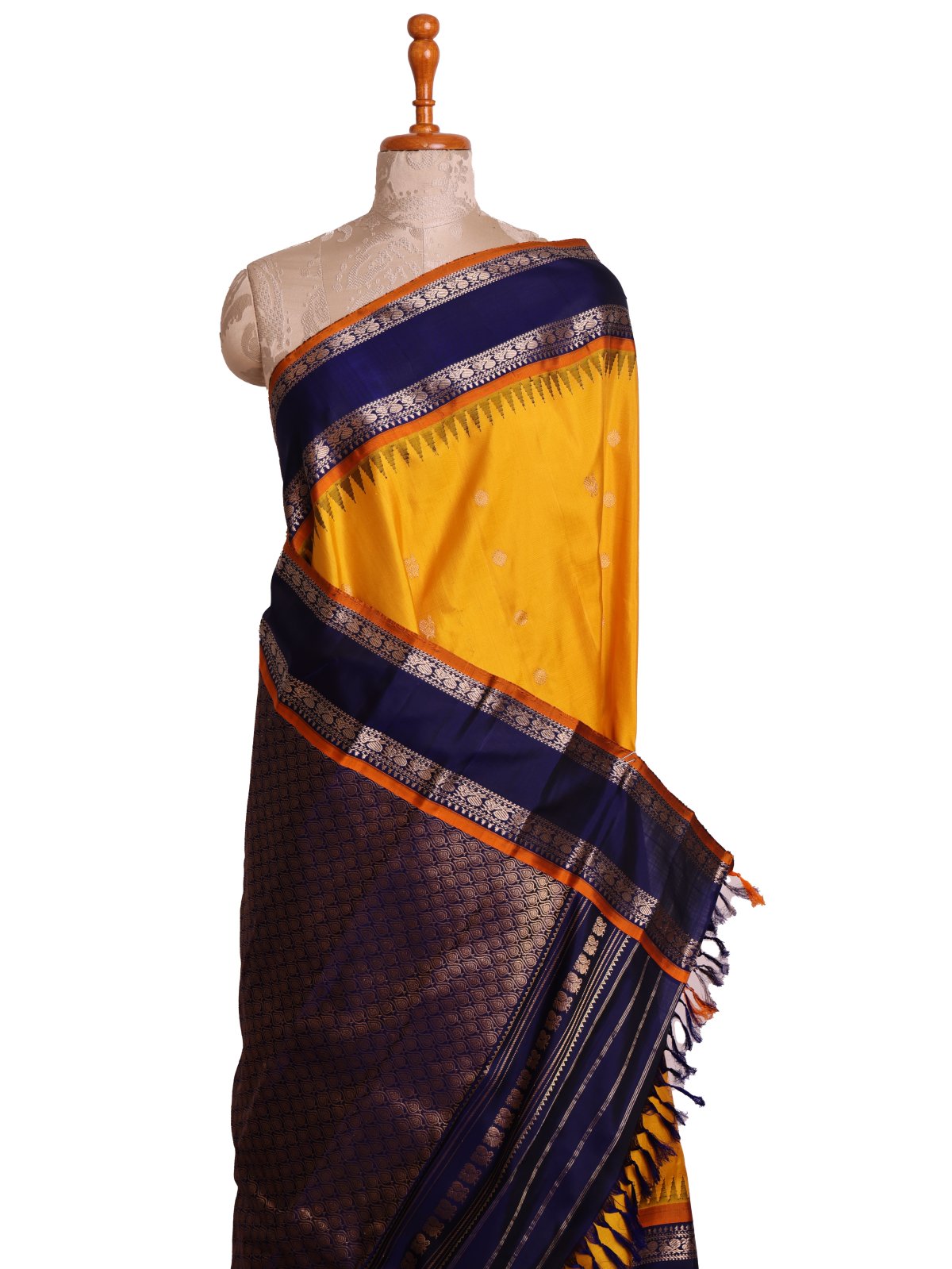 Yellow Gadwal Silk Saree With Navy Blue Border