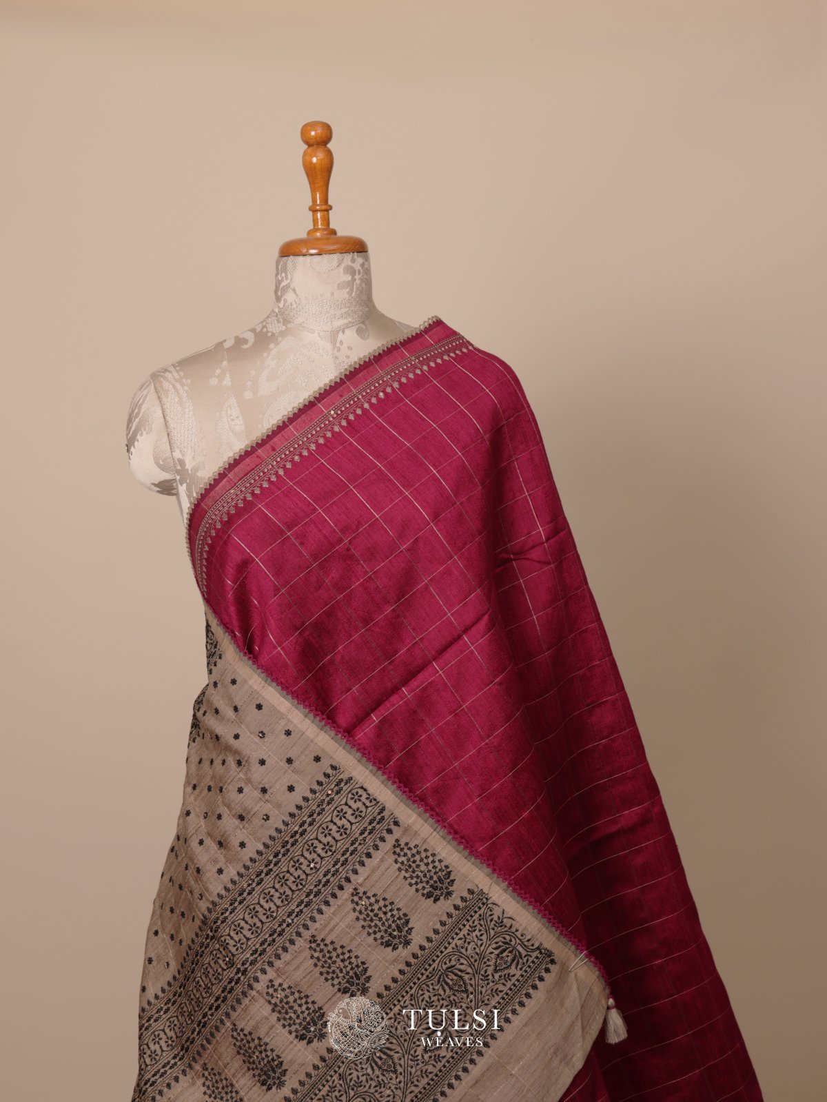Majentha pink Tussar Embroidary Silk Saree