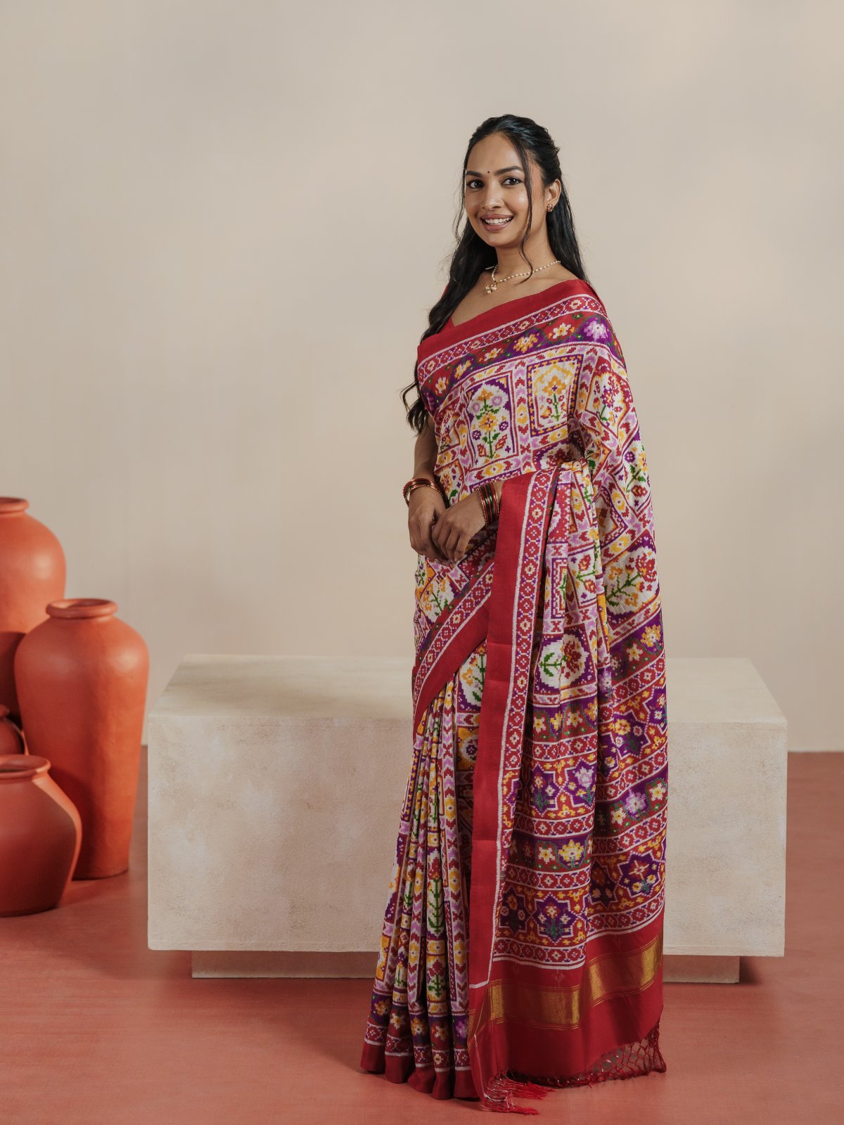Curated 24 - Ivory Patan Patola Silk Saree With Red Border