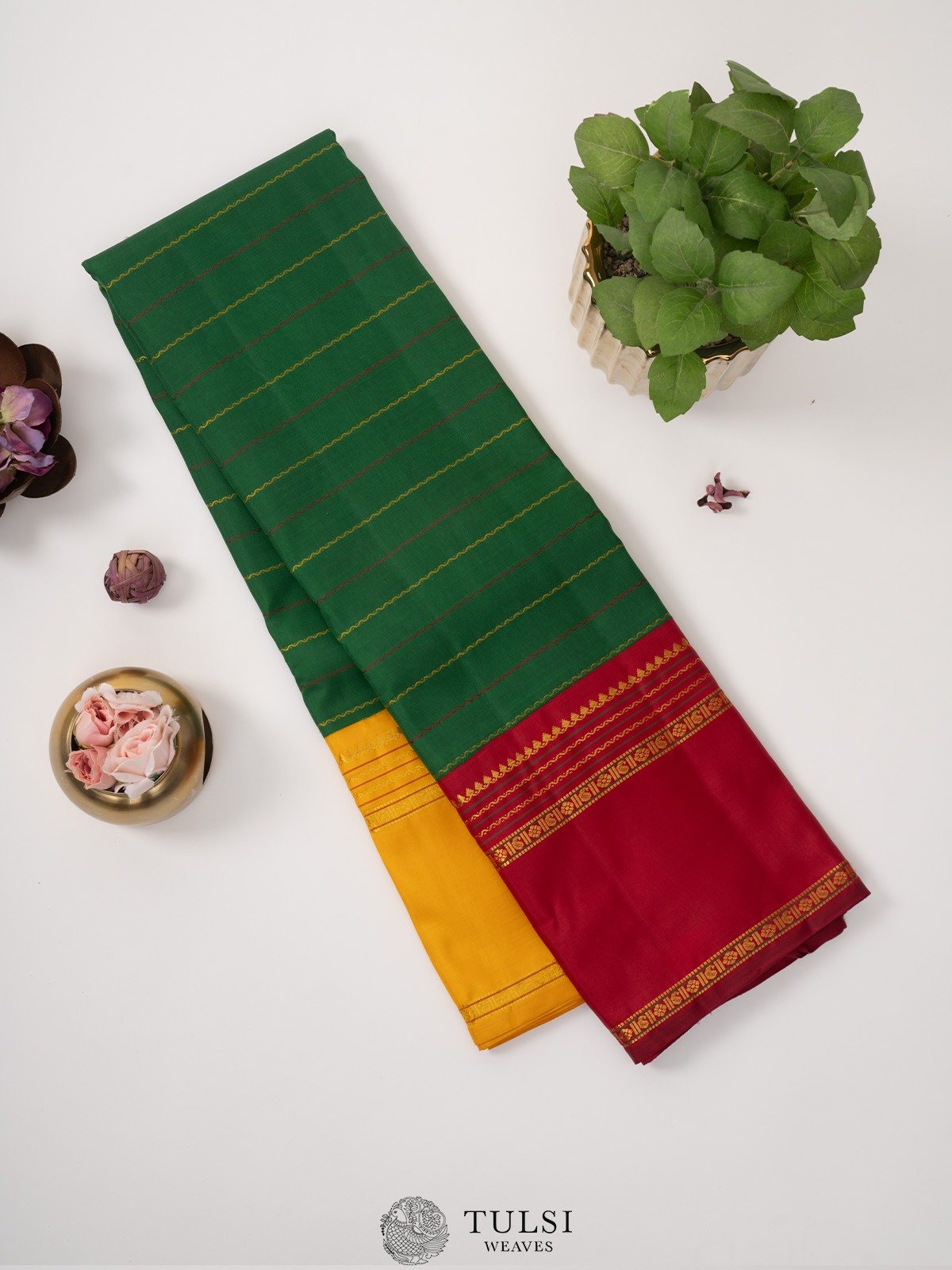 Dark Green Kanjeevaram Saree with Ganga Jamuna Border