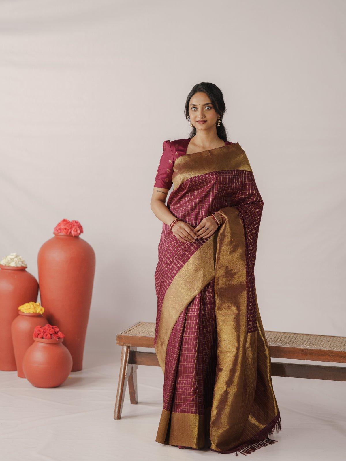 Dark Maroon Kanjeevaram Silk Saree with  Zari Border