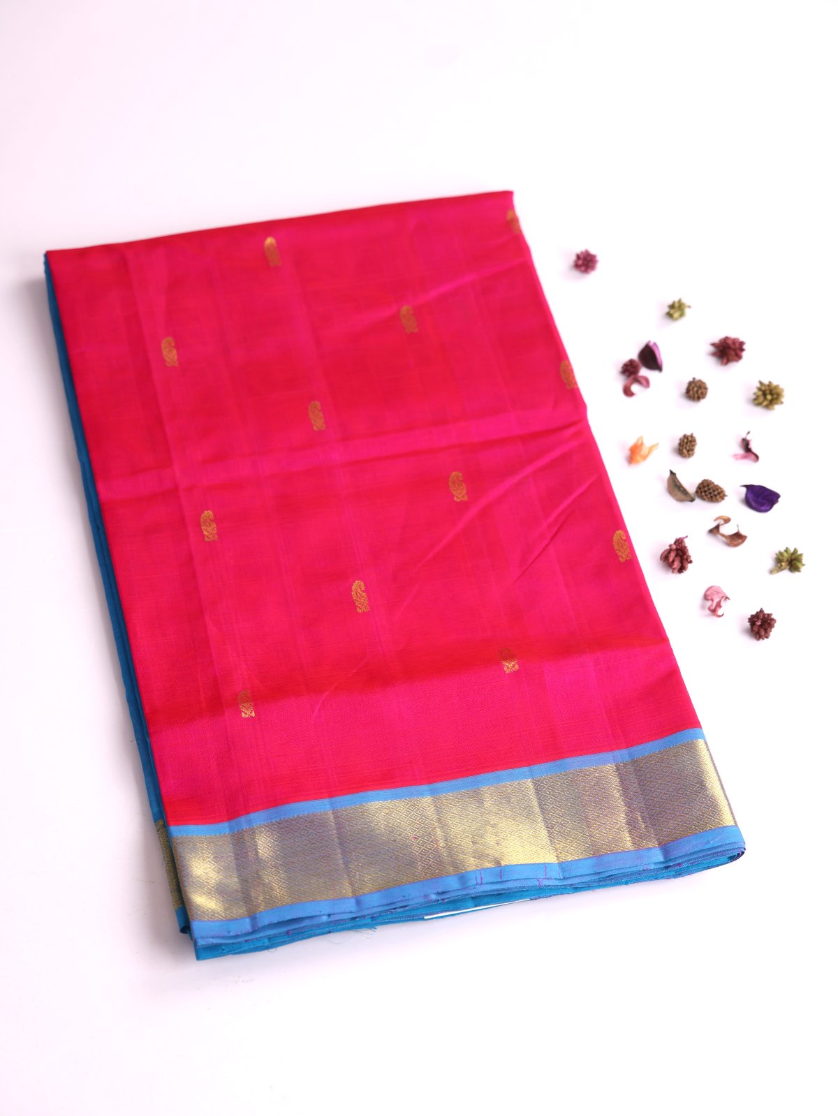 Rani Pink Silk Cotton Saree With Anandha Blue Border