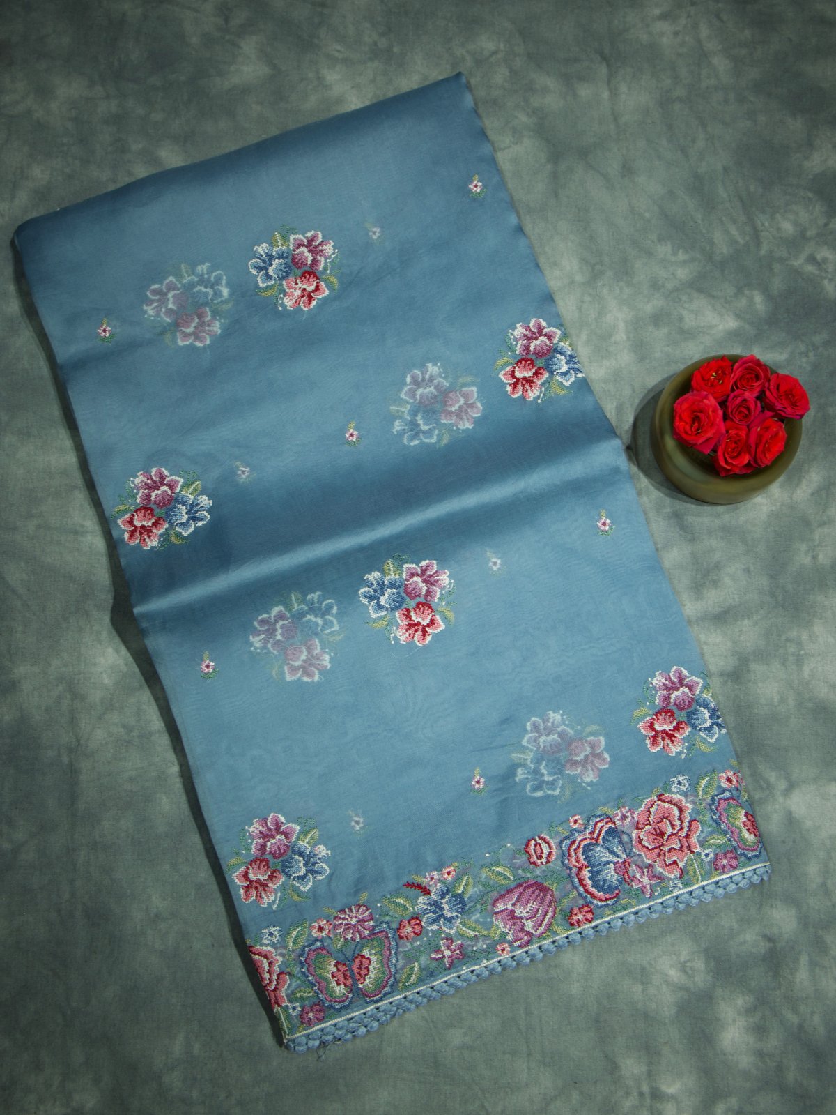 Light Blue-Grey Organza Saree With Floral Embroidery