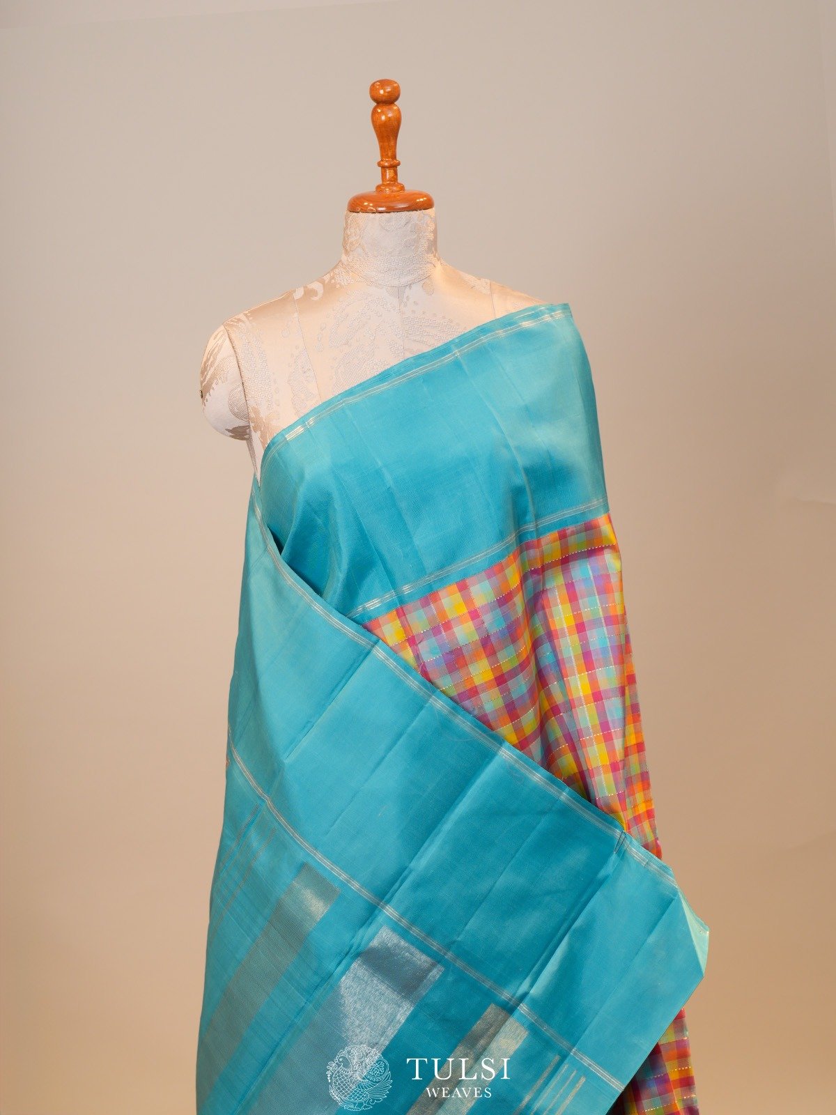 Multi Color Checked Kanjeevaram Silk Saree