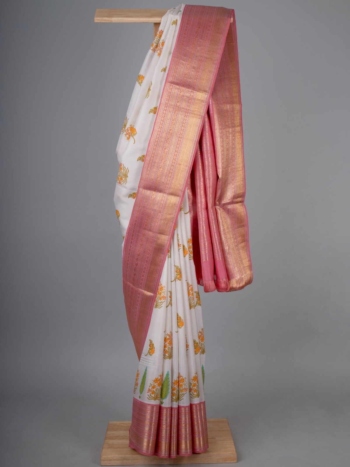 Floral Blockprint Kanjeevaram Silk Saree With Light Pink Border