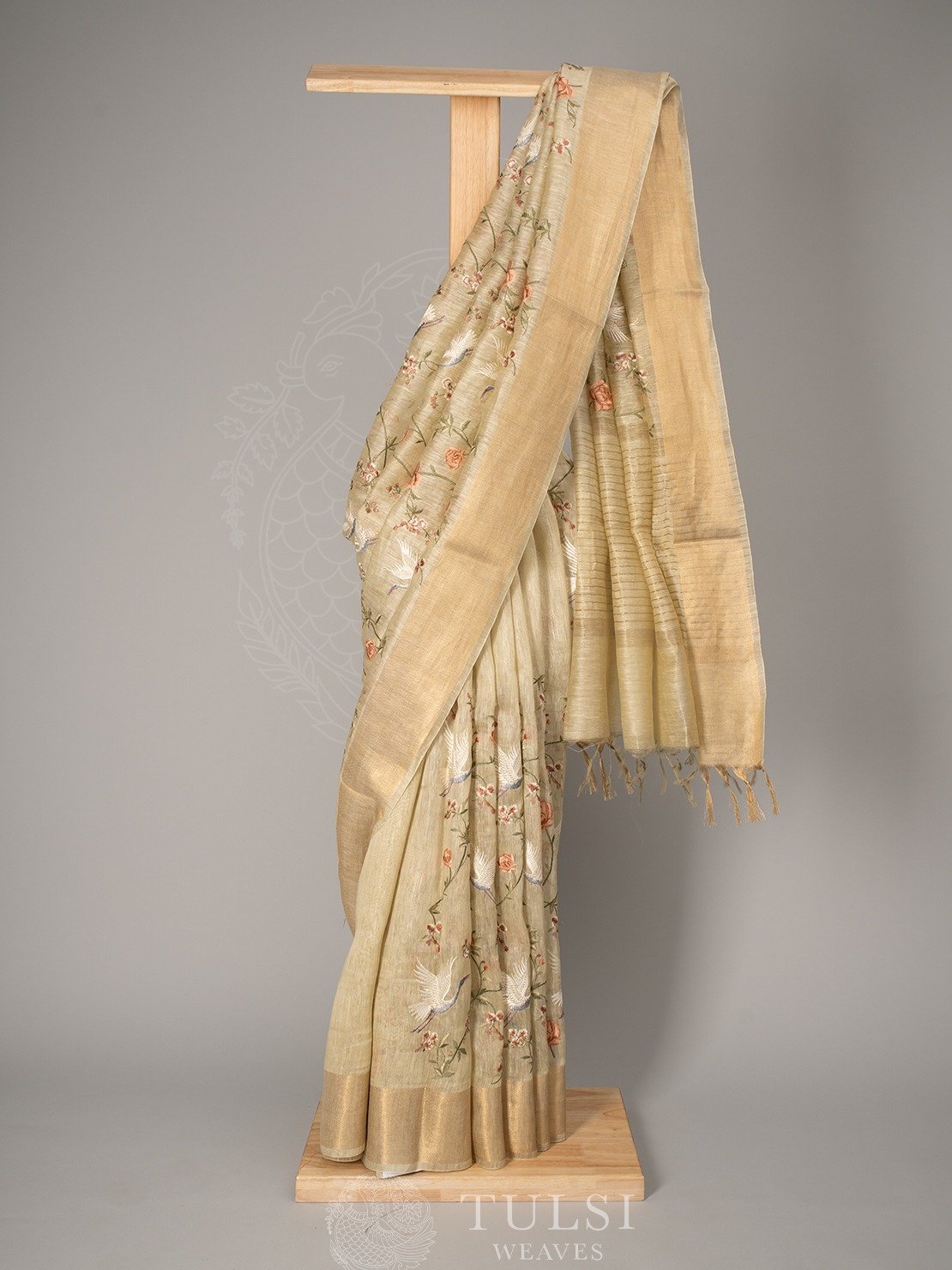 Light yellow Linen Saree With Embroidery