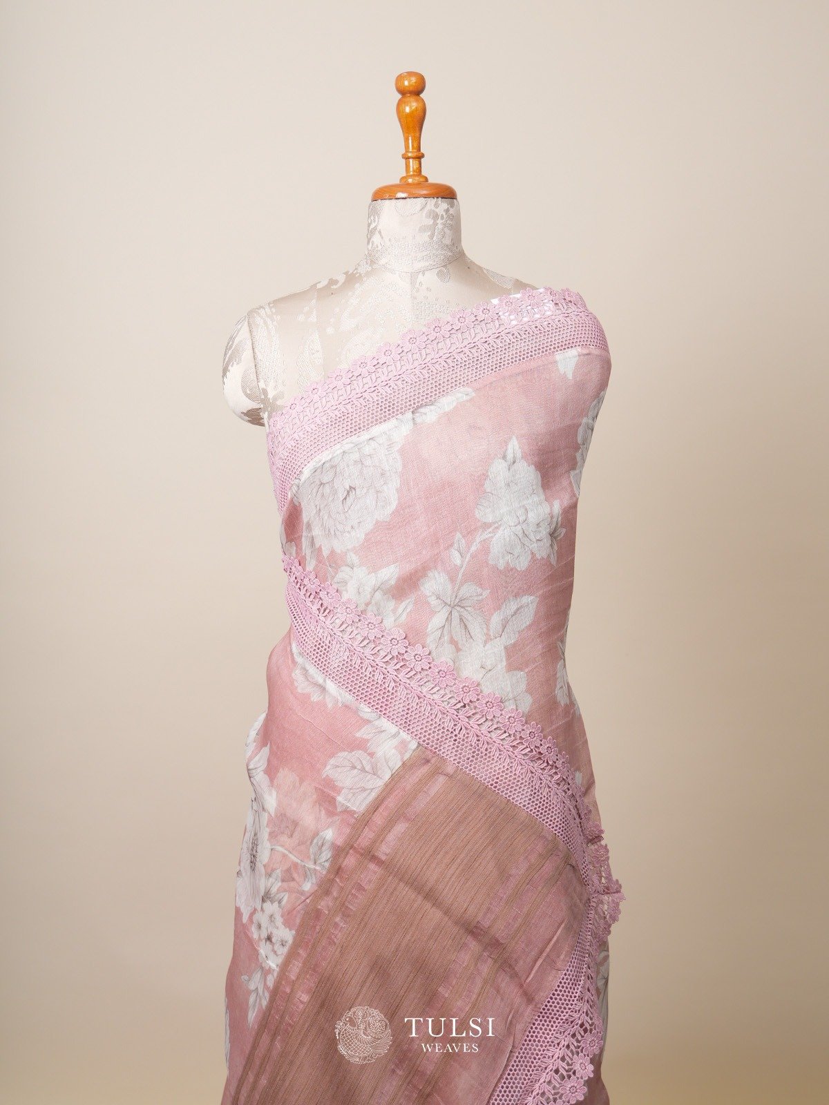 Light Pink Printed Linen Silk Saree with Lace Border
