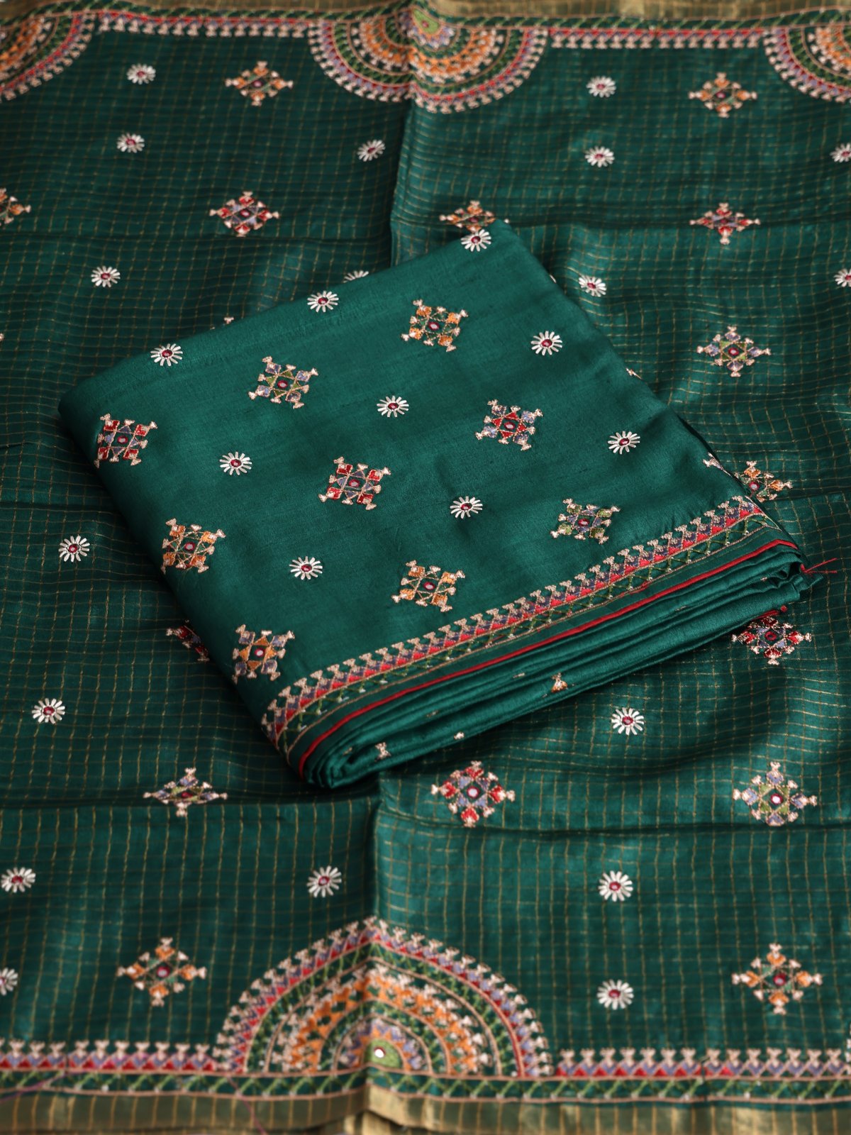 Bottle Green Tussar Salwar Material With Kutch Embroidery