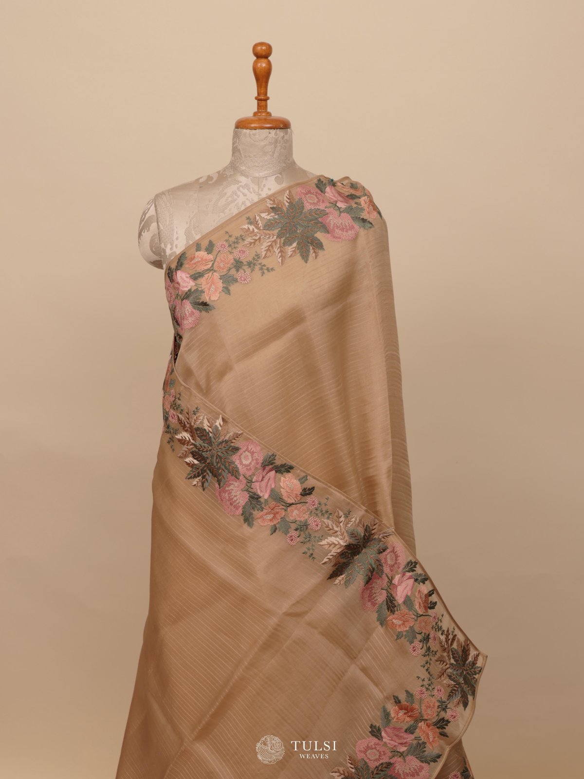 Beige Organza Embroidery Saree