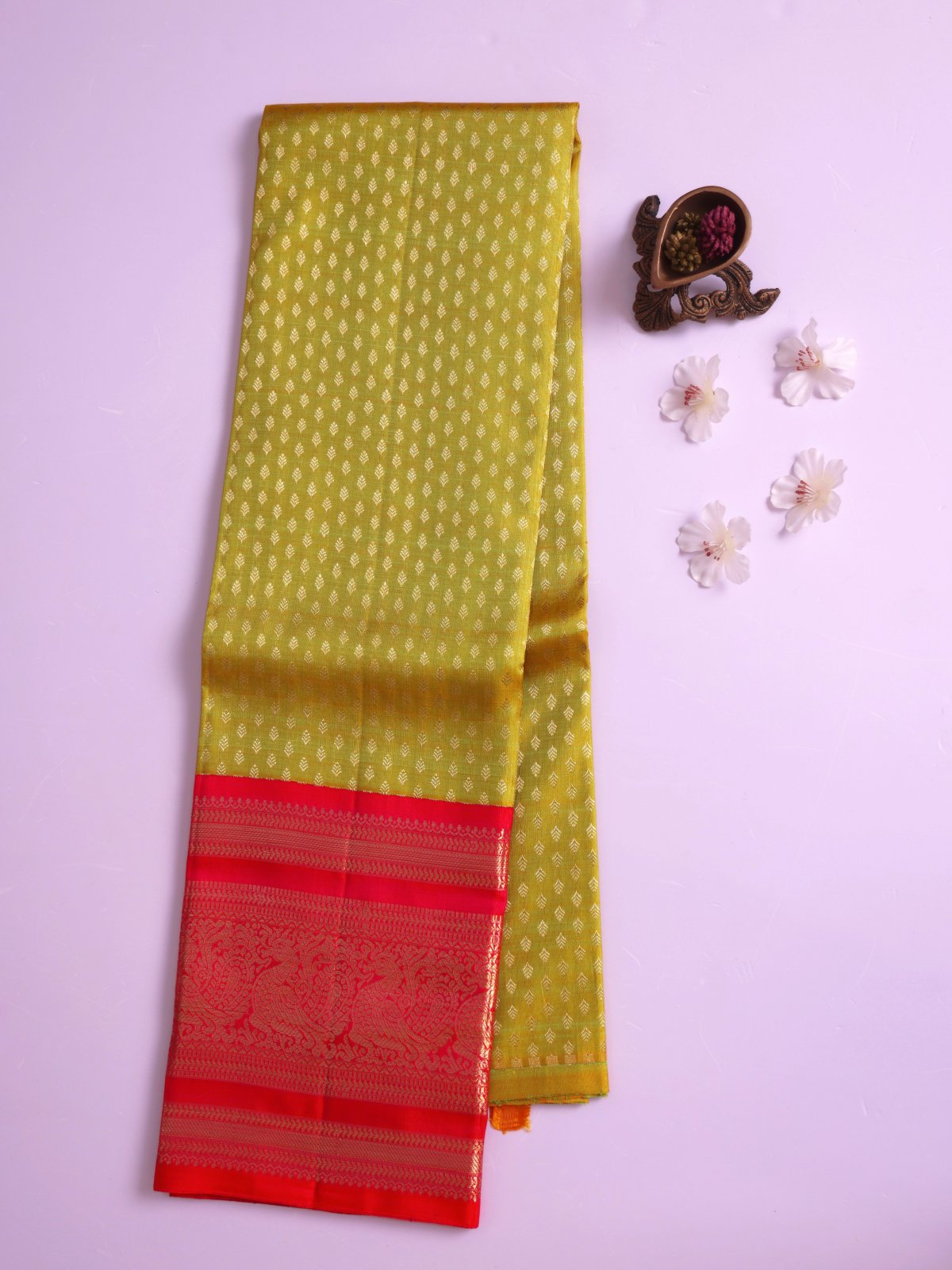 Yellowish Green Kanjeevaram Silk Pavadai with Orangish Pink Border