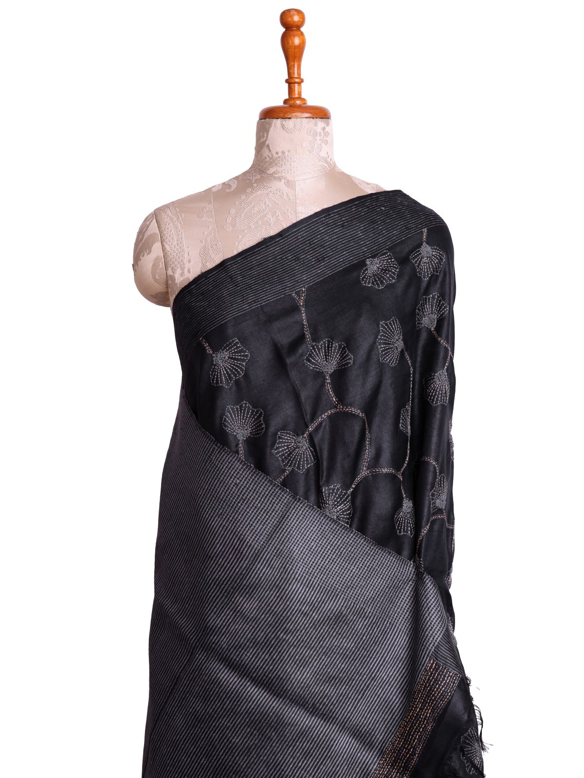Black Tussar Silk Saree With Kantha Embroidery