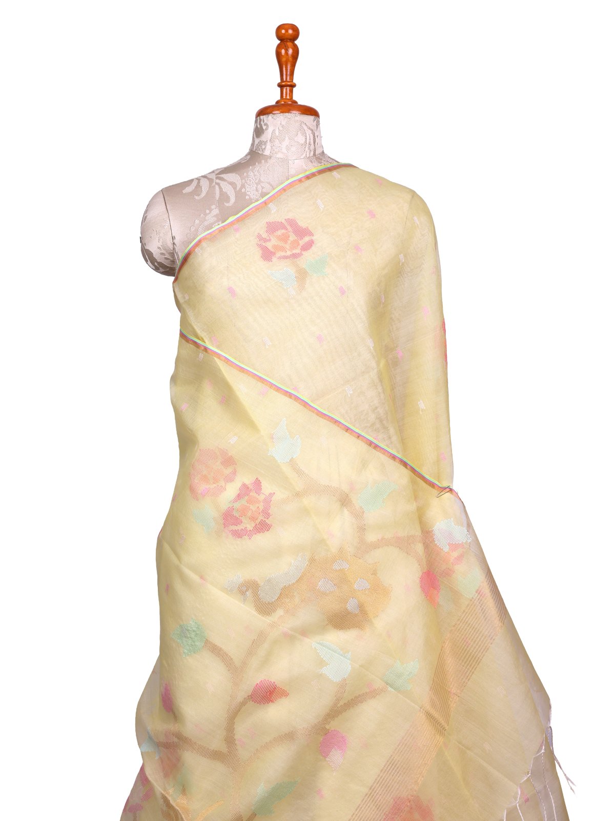 Pastel Yellow Kora Jamdani Silk Saree