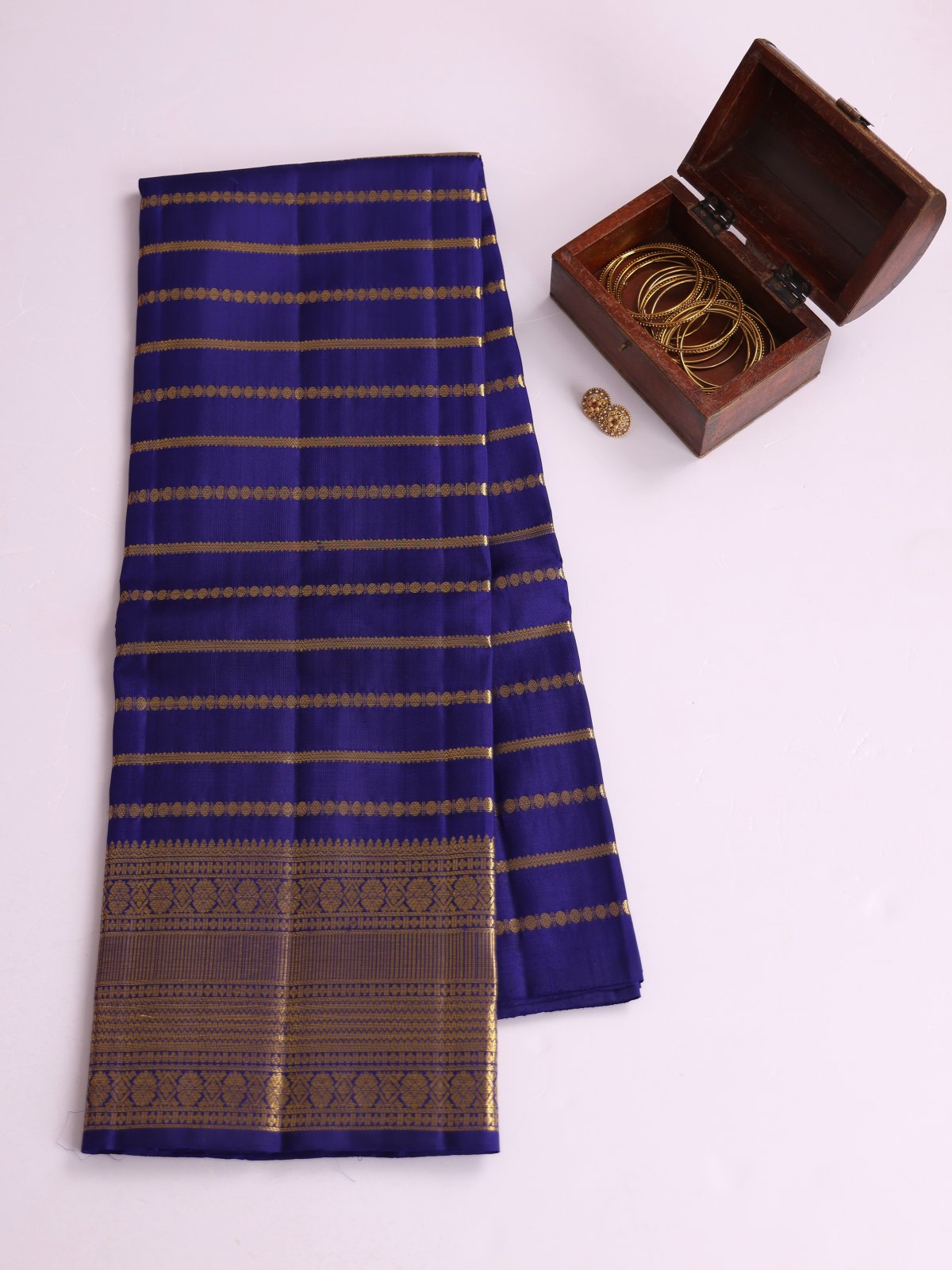 Dark Purplish Blue Zari Striped Kanjeevaram Silk Pavadai with Zari Border