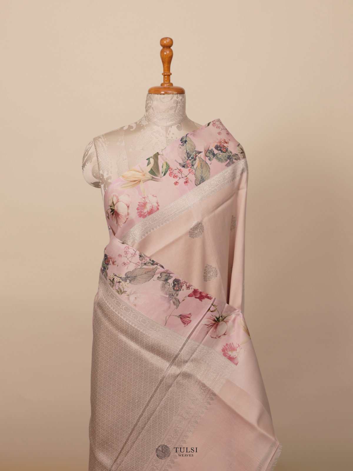 Beige Banaras Tussar Georgette Silk Saree With Satin Border