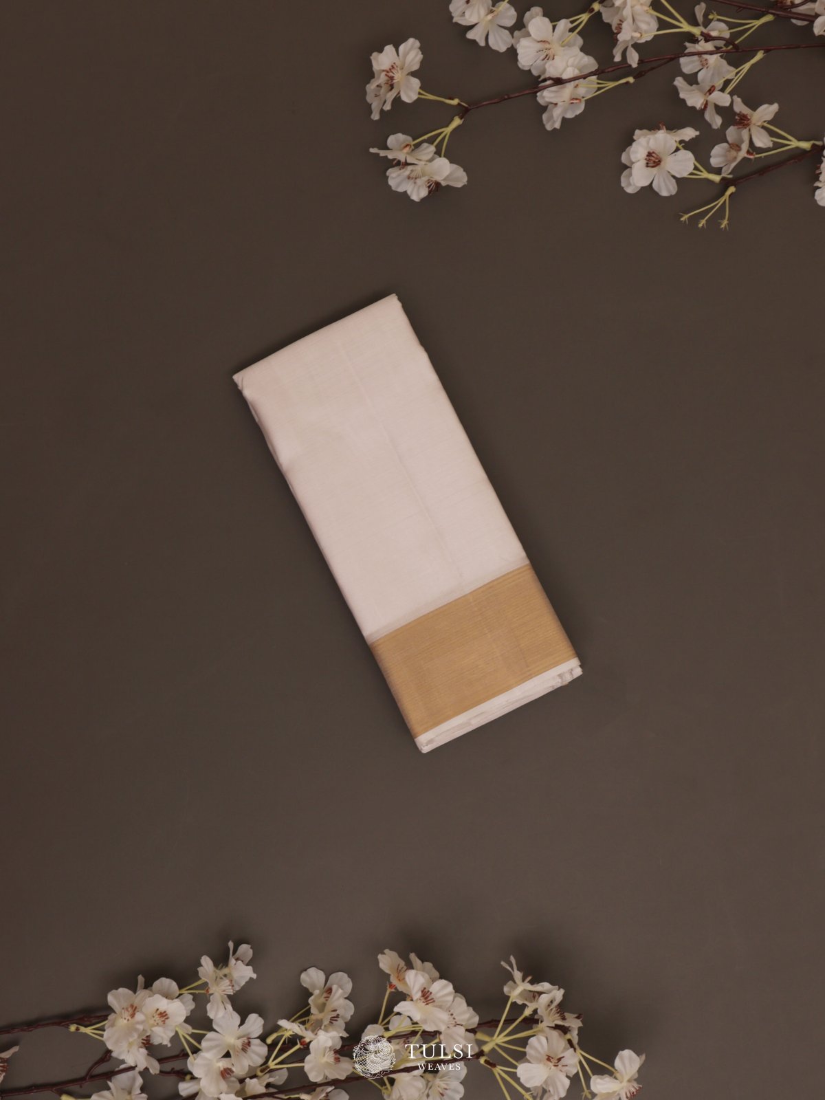 White Silk Dhoti With Zari Border