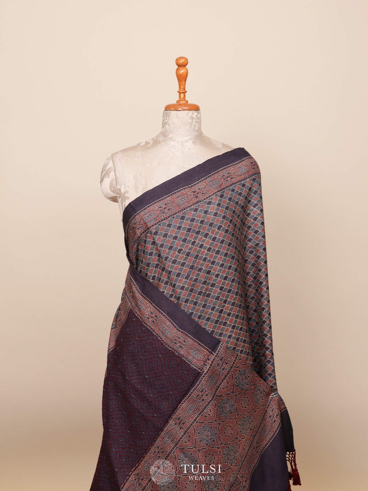 Light Indigo Blue Tussar Silk Saree with Printed Ajrakh