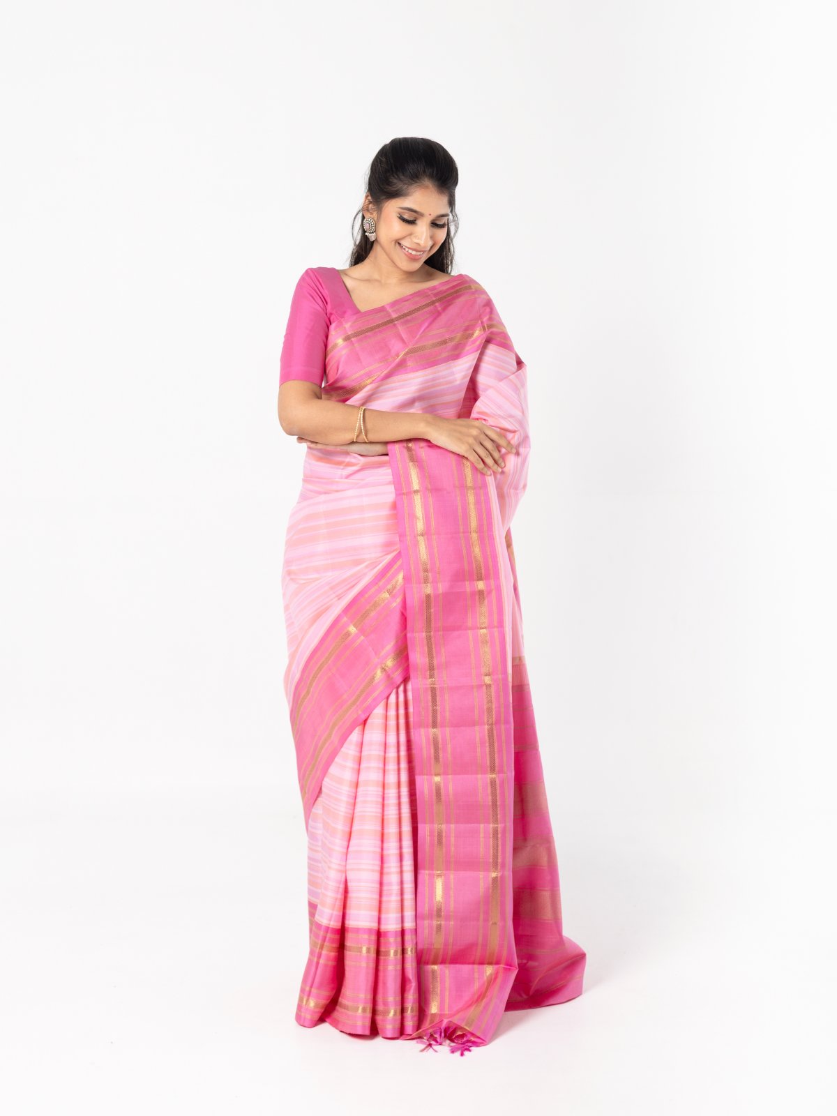 Striped Pink Kanjeevaram Silk Saree With Dark Pink Border