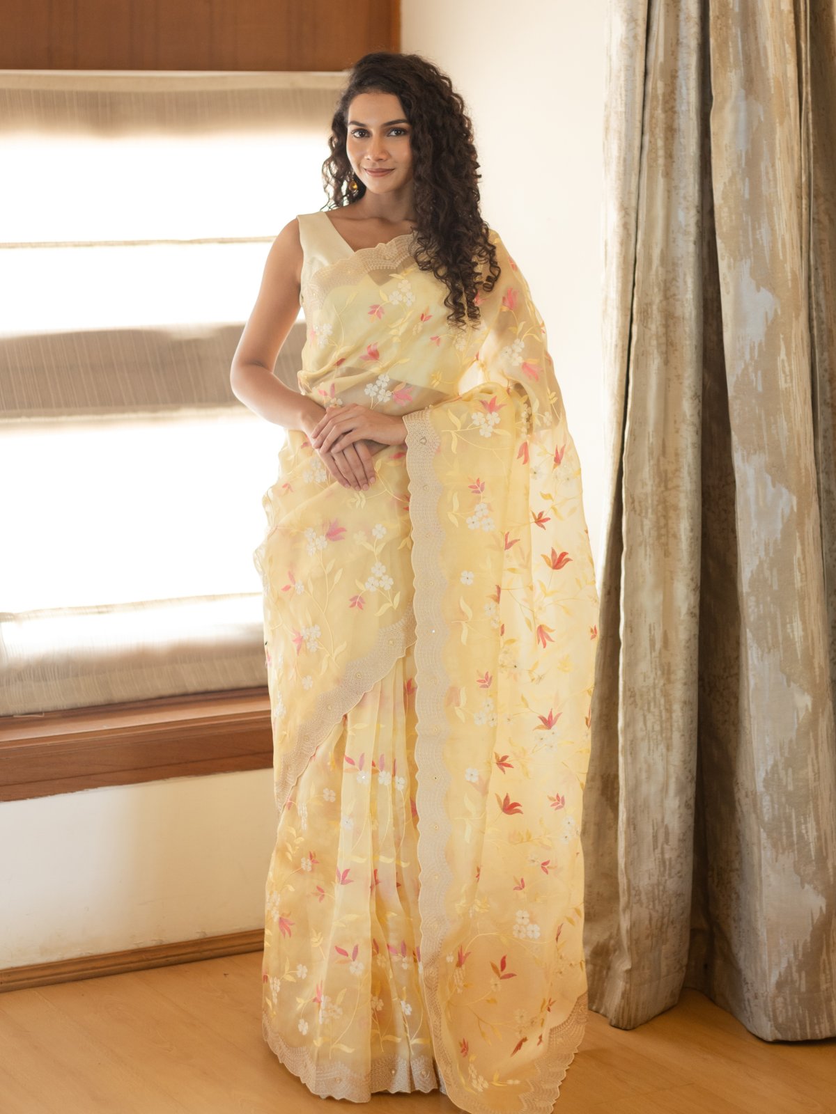 Light Yellow Organza Saree With Floral Embroidery