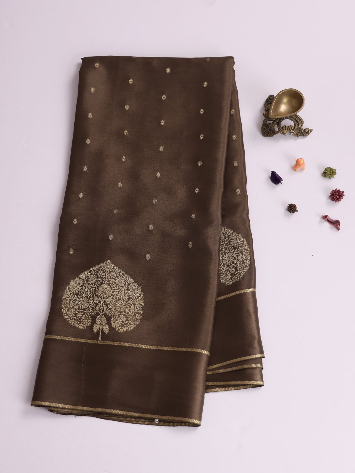 Kakhi Grey Mysore Silk Saree With Satin Border