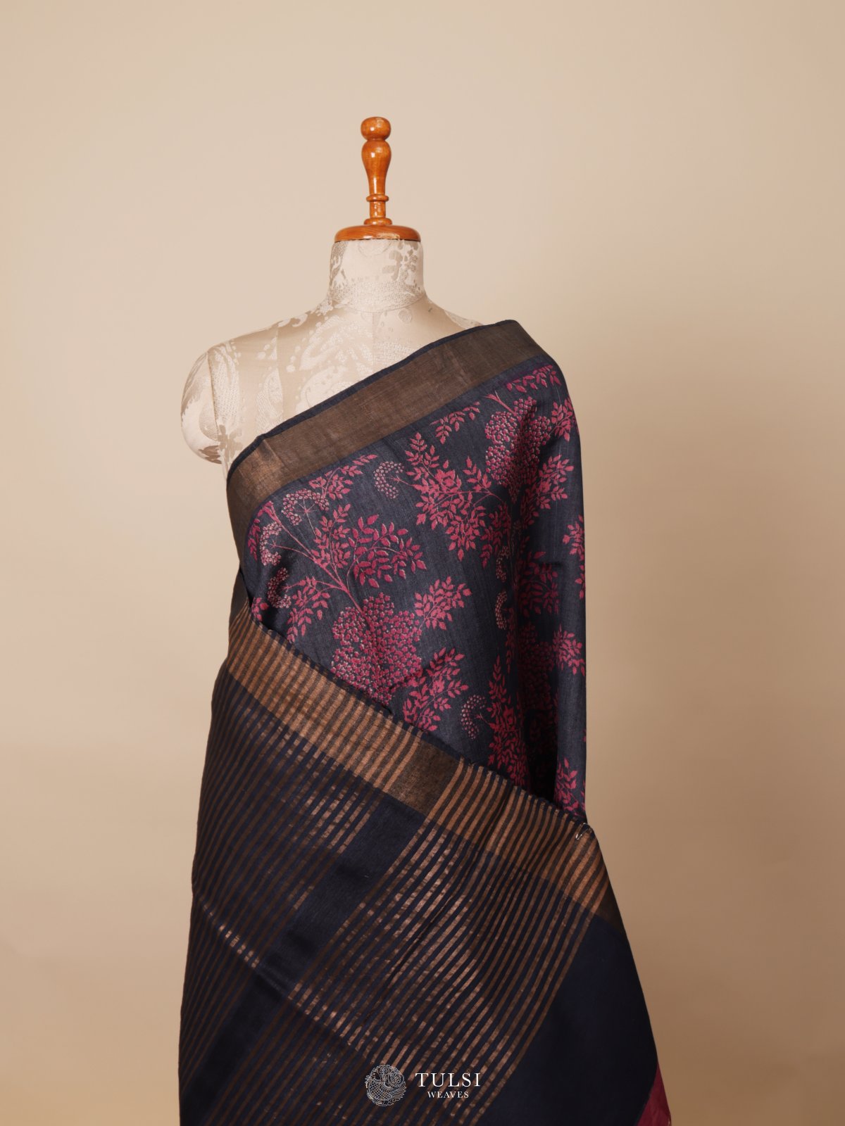 Black Printed Tussar Silk Saree