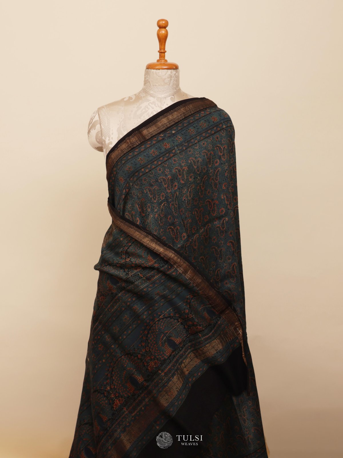 Dark Dusty Blue Printed Chanderi Silk Saree