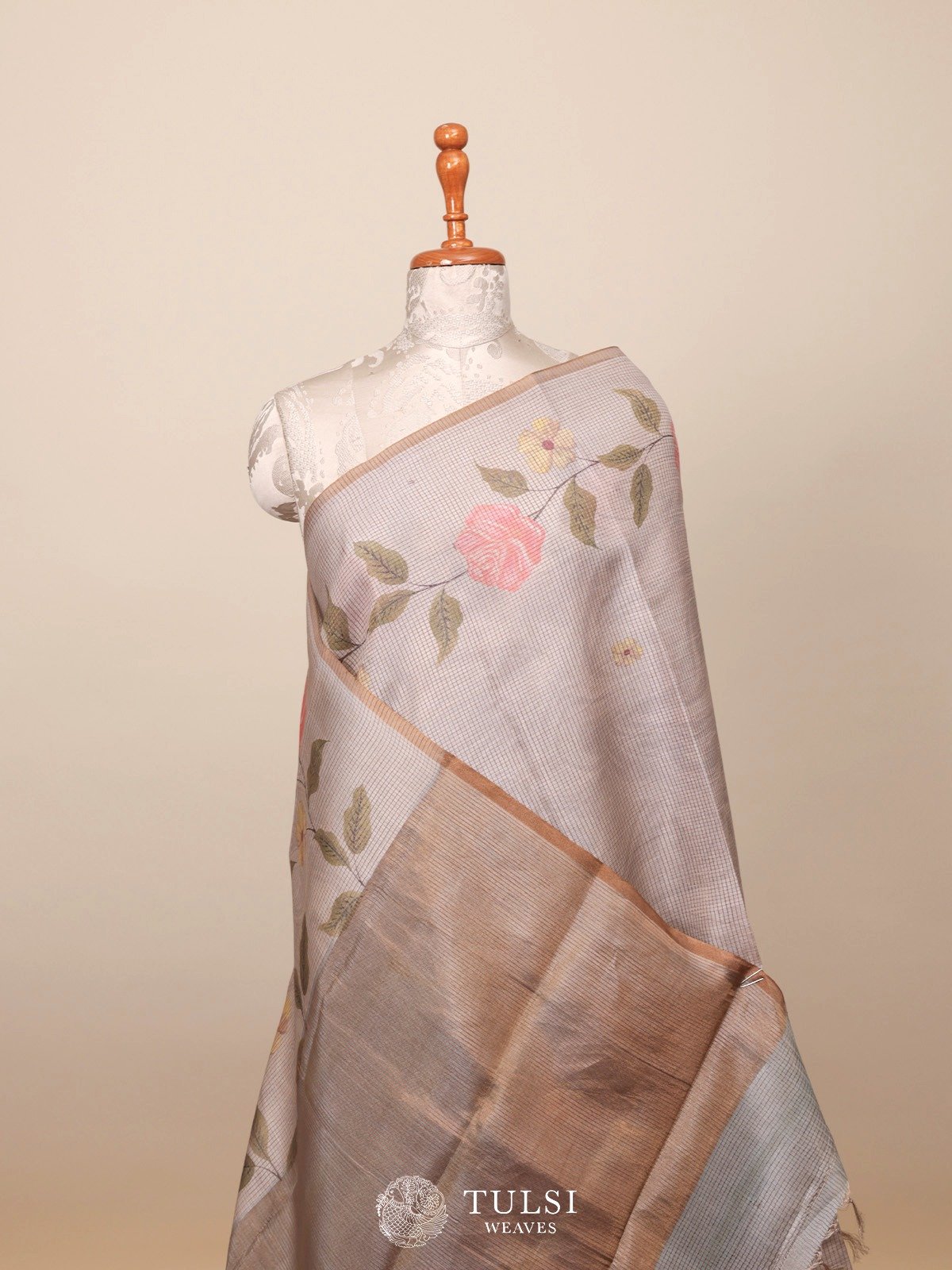 Grey Printed Tussar Silk Saree