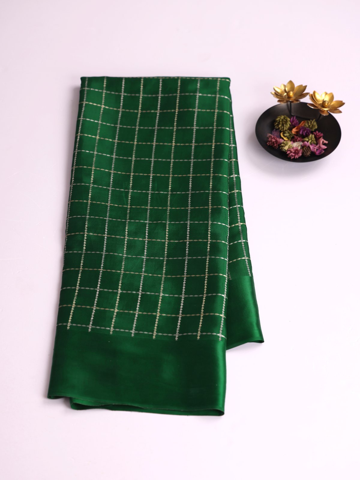 Bottle Green Zari Checked Mysore Silk Saree With Satin Border
