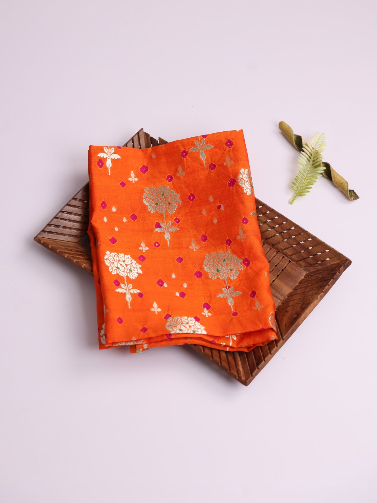 Bright Orange Silk Bandhani Blouse With Floral Zari Motifs