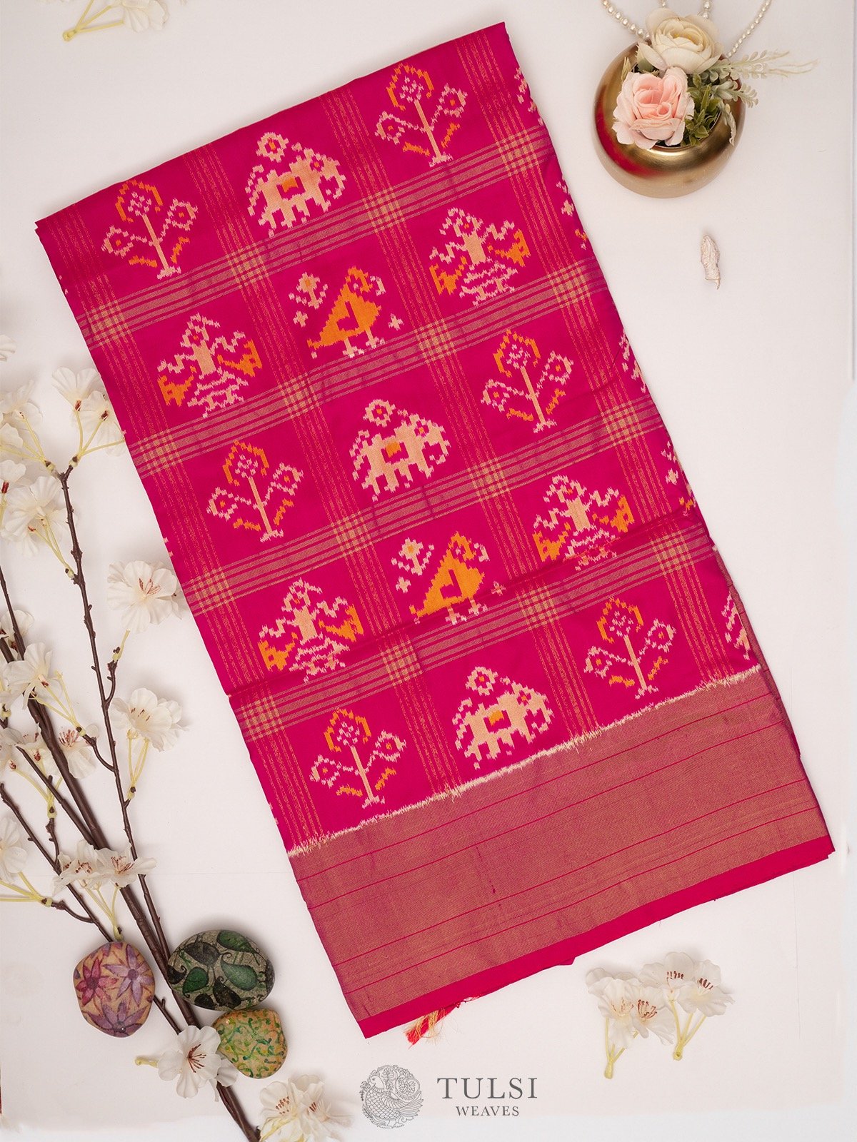 Pink Ikat Silk Saree with Self zari border