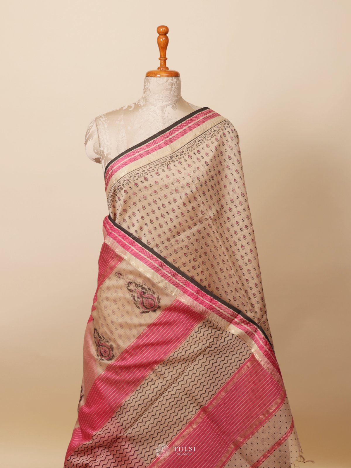 Beige Handblock Printed Maheshwari Cotton Saree