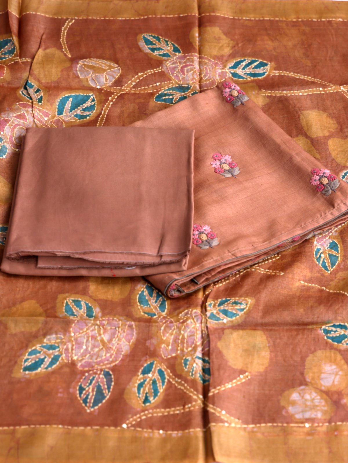 Peach Brown Tussar Salwar Material With Kantha Embroidered Dupatta