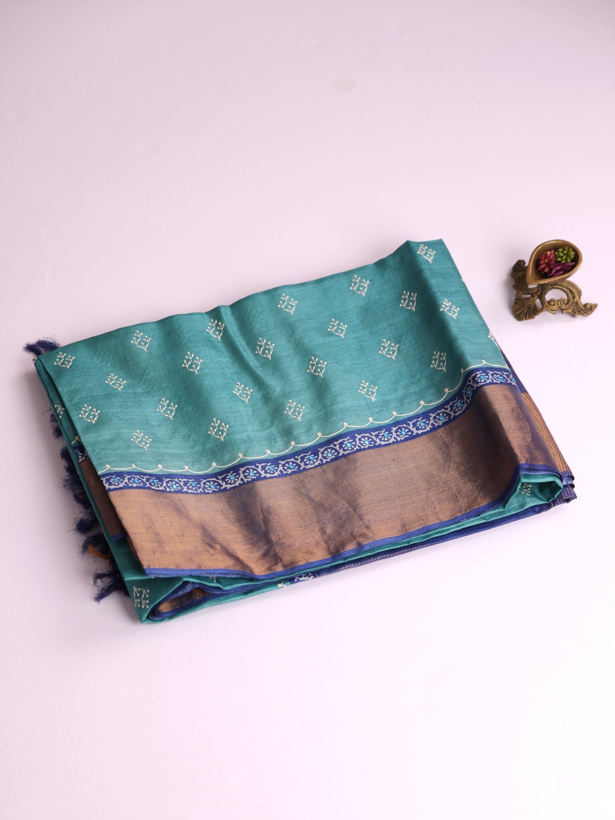 Teal Blue Embroidered Tussar Silk Saree With Dark Blue Zari Border