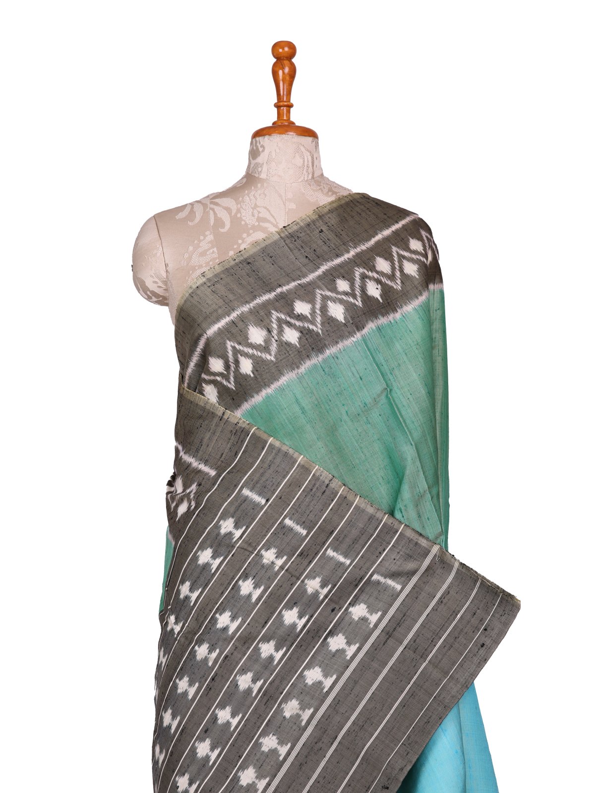 Light Blue & Pastel Green Half And Half Raw Silk Patola Saree With Grey Border