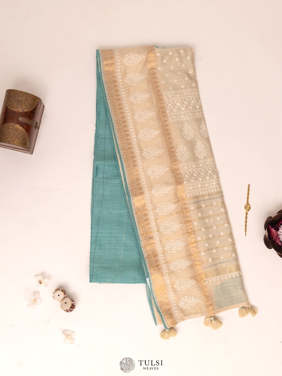 Teal Green Moonga Tussar Silk Saree