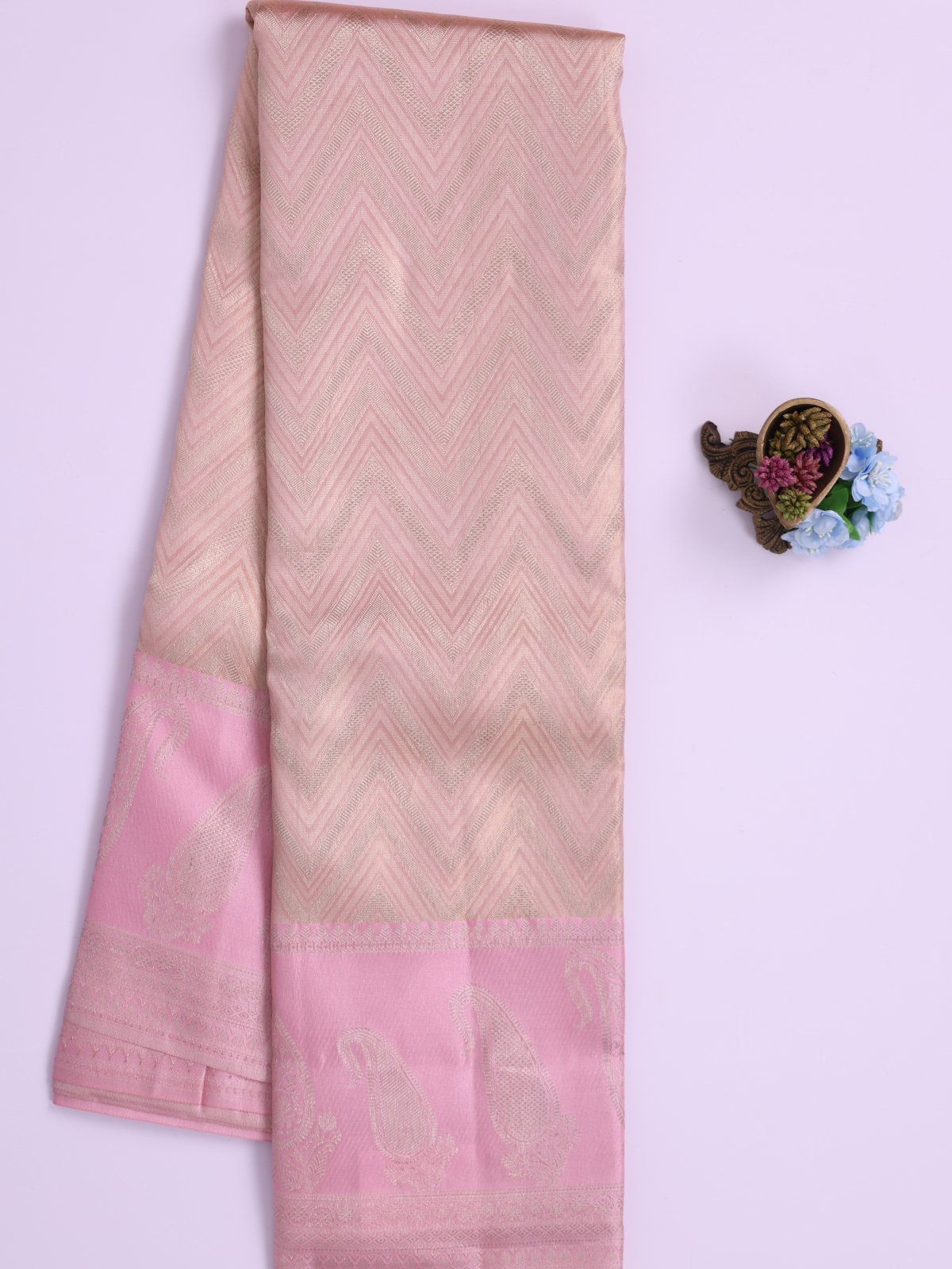 Baby Pink Tissue Brocade Kanjeevaram Silk Saree With Light Pink Border