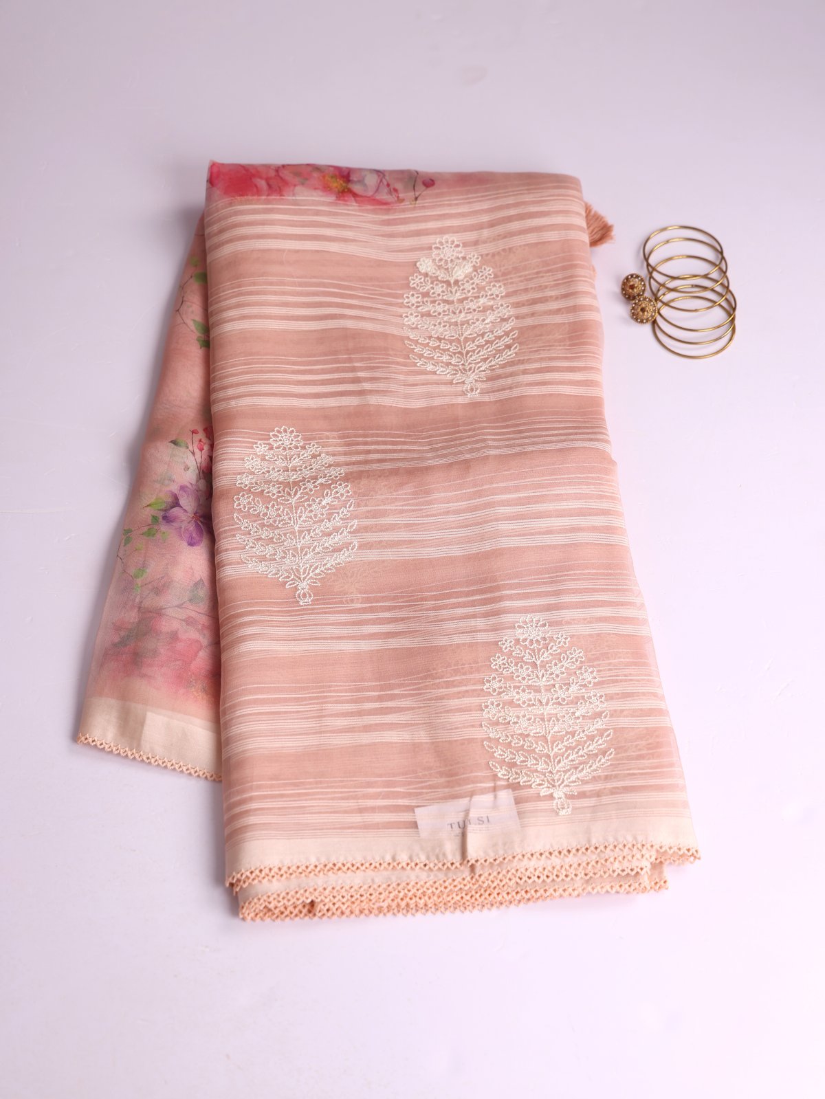 Peach Printed Organza Silk Saree With Embroidery