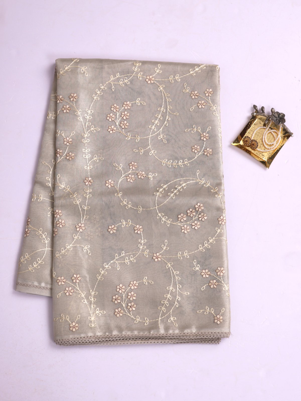Light Grey Tissue Kota Saree With Embroidery