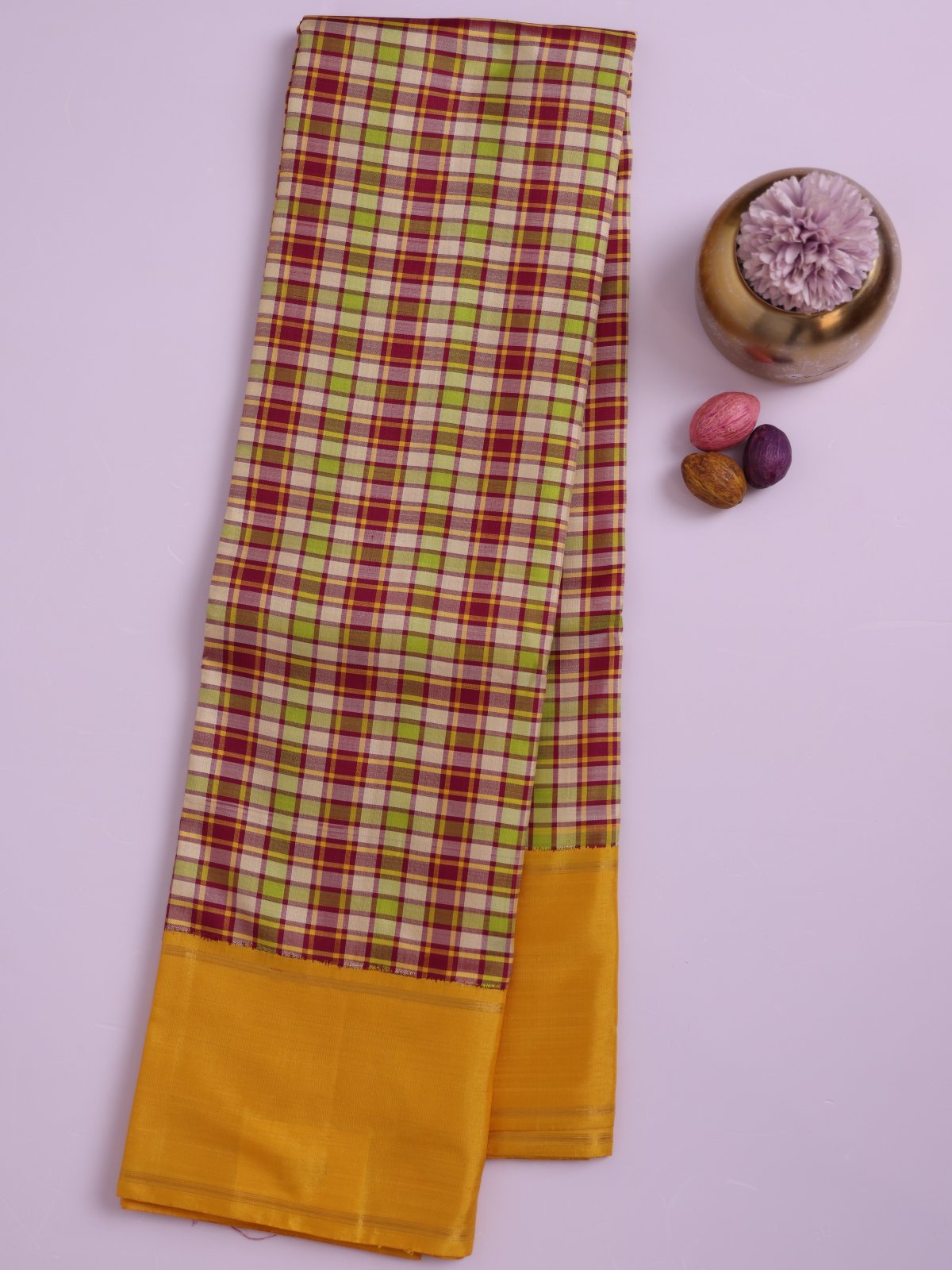 Multi Color Checked Kanjeevaram Saree With Mustard Border