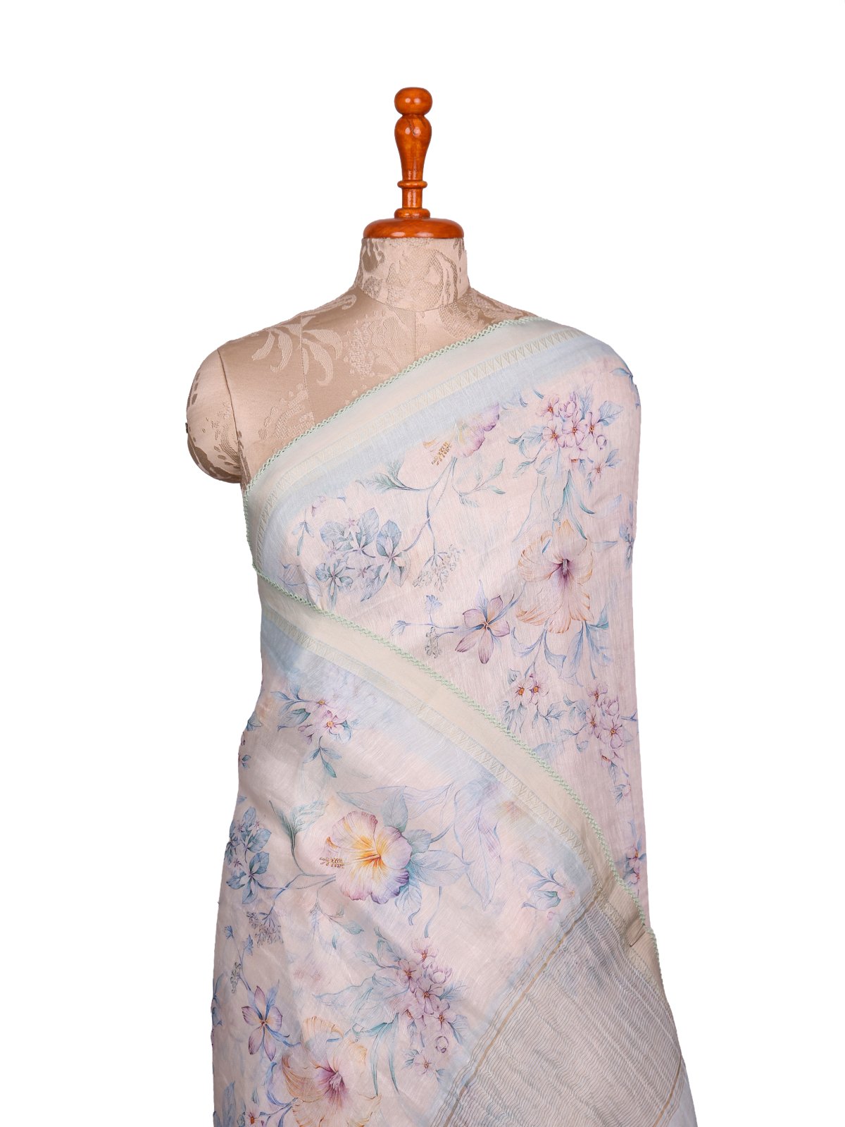 Off-White Printed Linen Saree with Pastel Blue Embroidered Border