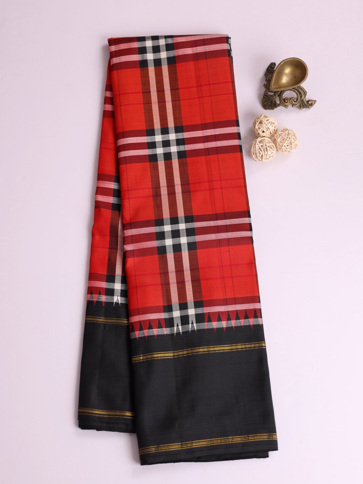 Multicolor Checked Kanjeevaram Silk Saree With Black Bodi Border