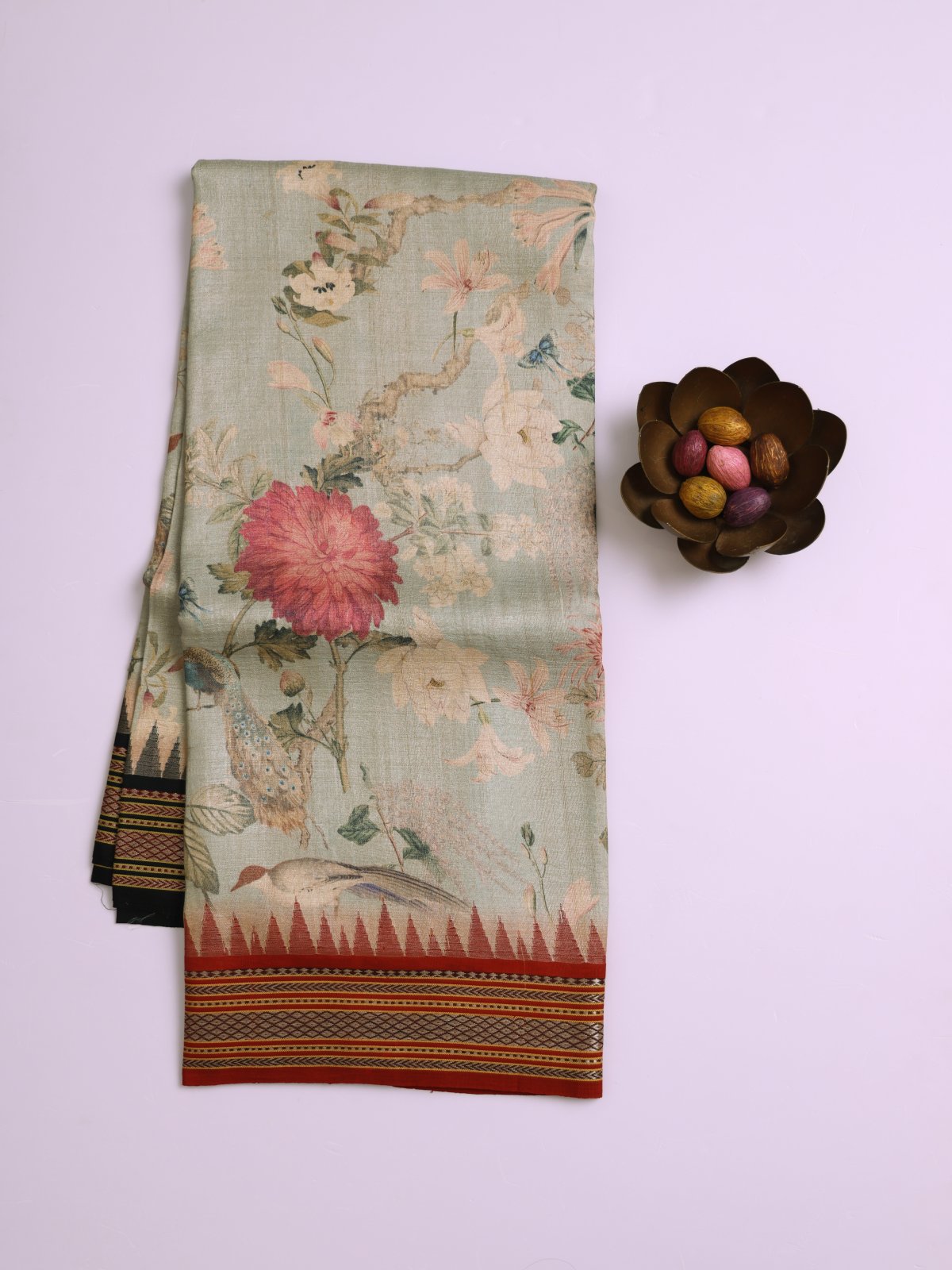 Light Bluish Grey Printed Tussar Silk Saree with Red and Black Ganga Jamuna Vidarbha Border