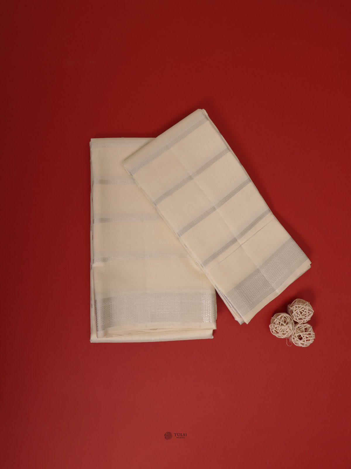 White Silk Dhoti and Vasthram with Silver Zari Border